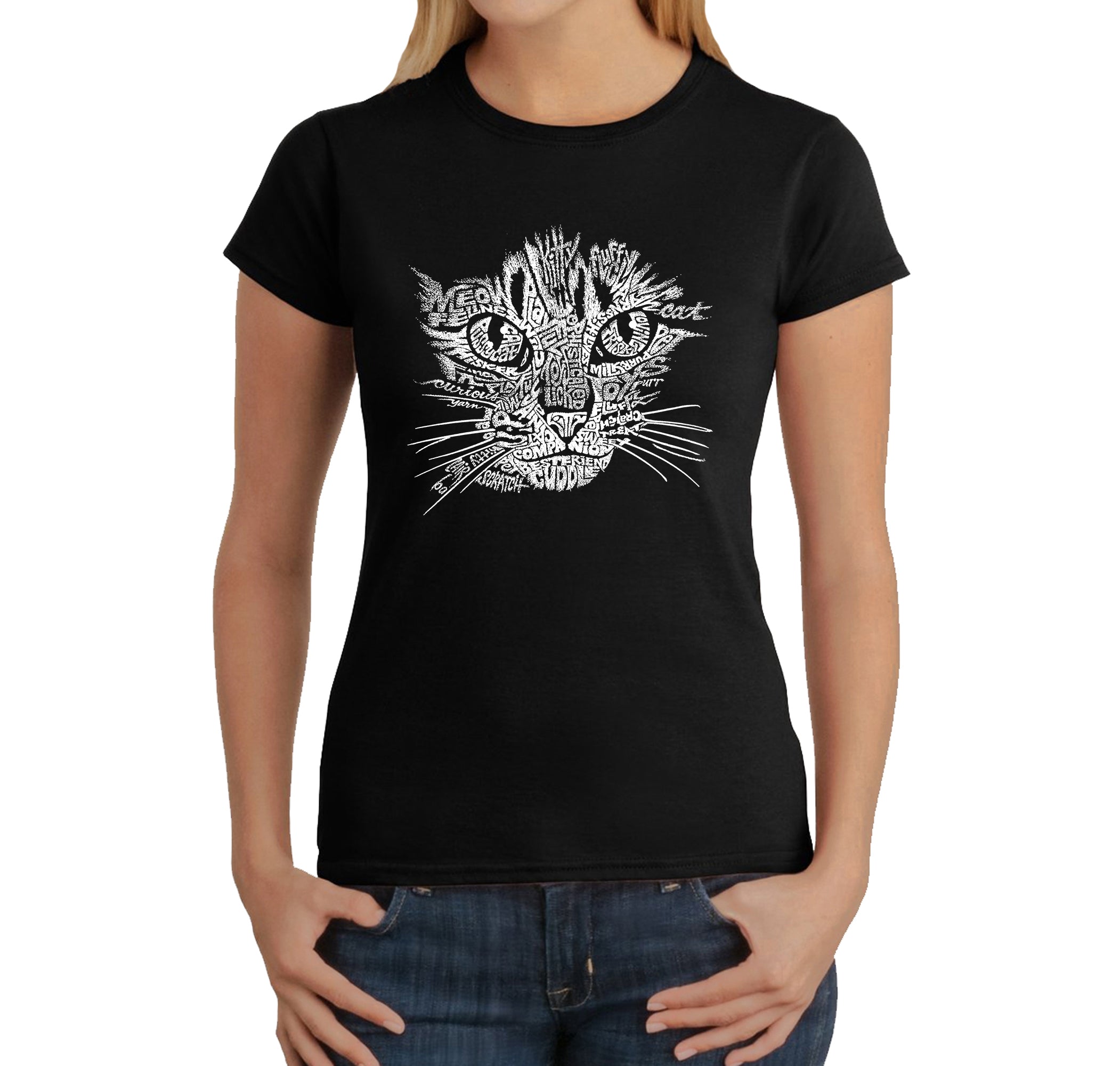 Cat Face - Women's Word Art T-Shirt - Black - XS