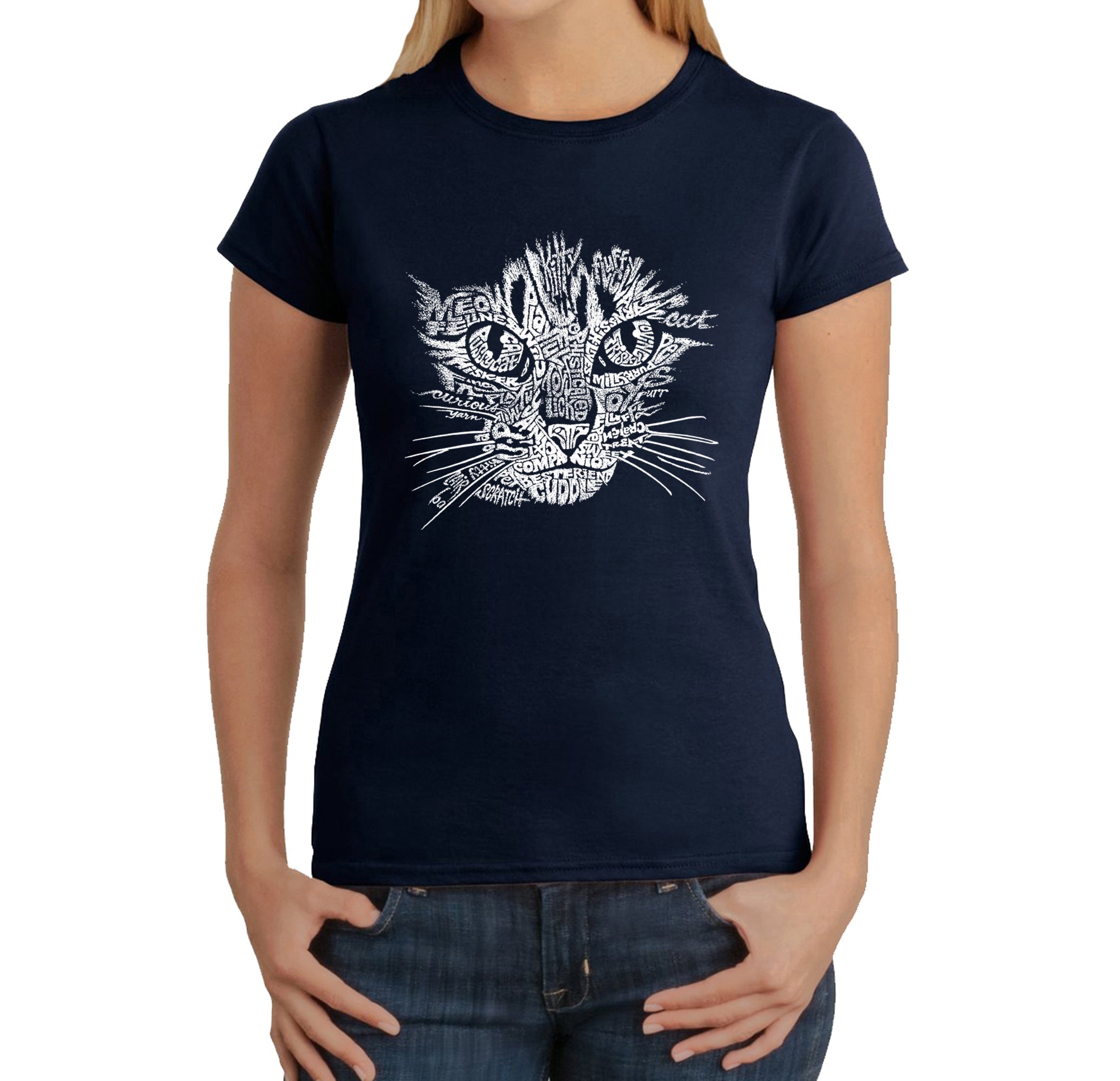 Cat Face - Women's Word Art T-Shirt - Navy - Medium