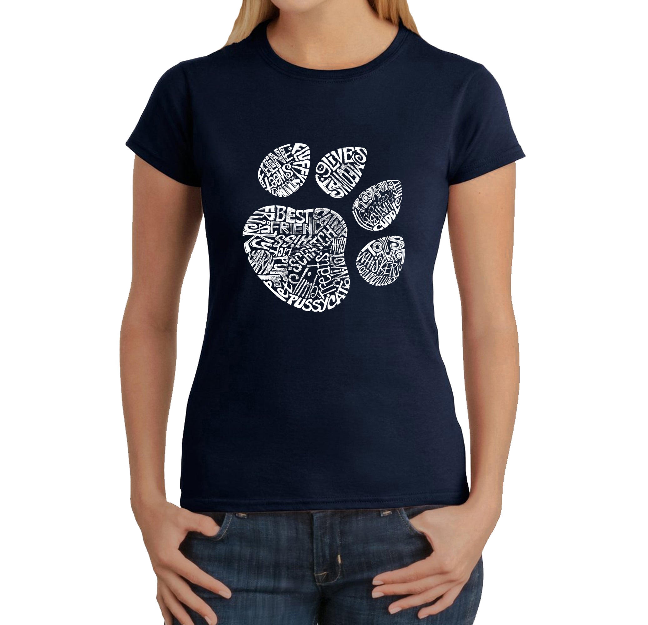 Cat Paw - Women's Word Art T-Shirt - Navy - Large