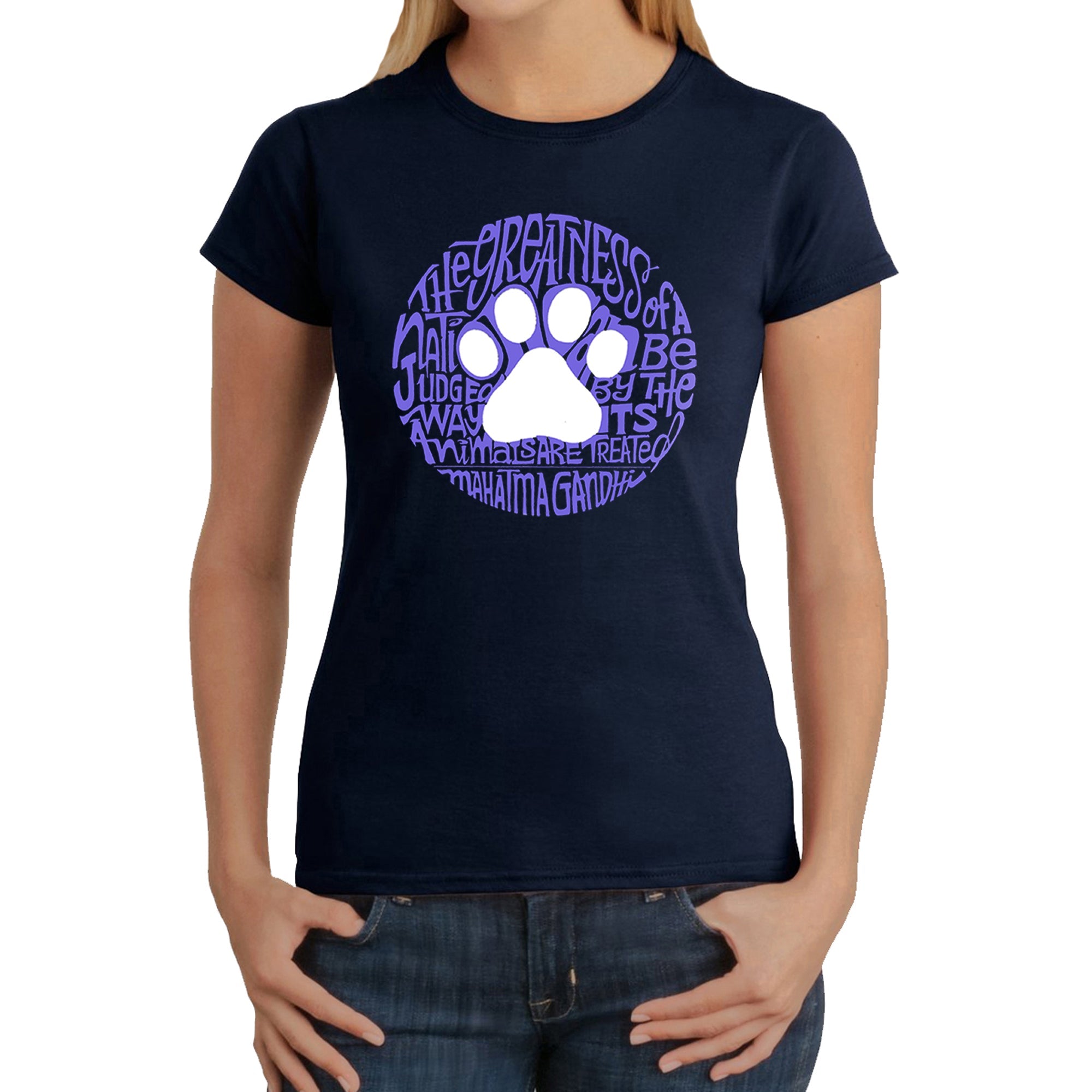 Gandhi's Quote on Animal Treatment - Women's Word Art T-Shirt - Navy - X-Large