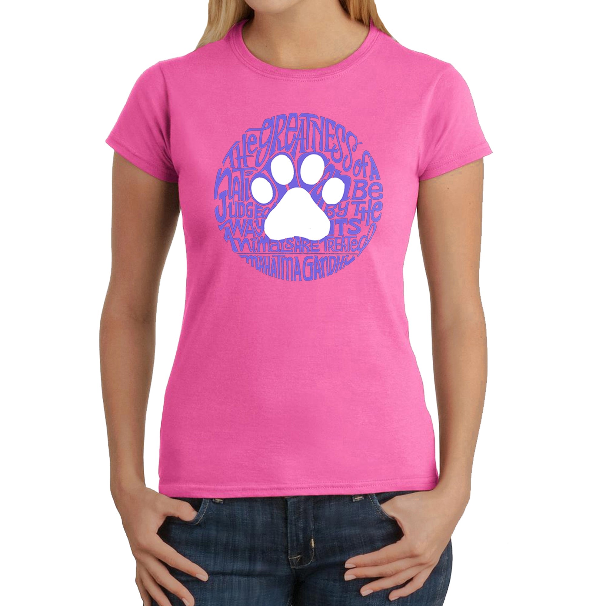 Gandhi's Quote on Animal Treatment - Women's Word Art T-Shirt - Pink - XS
