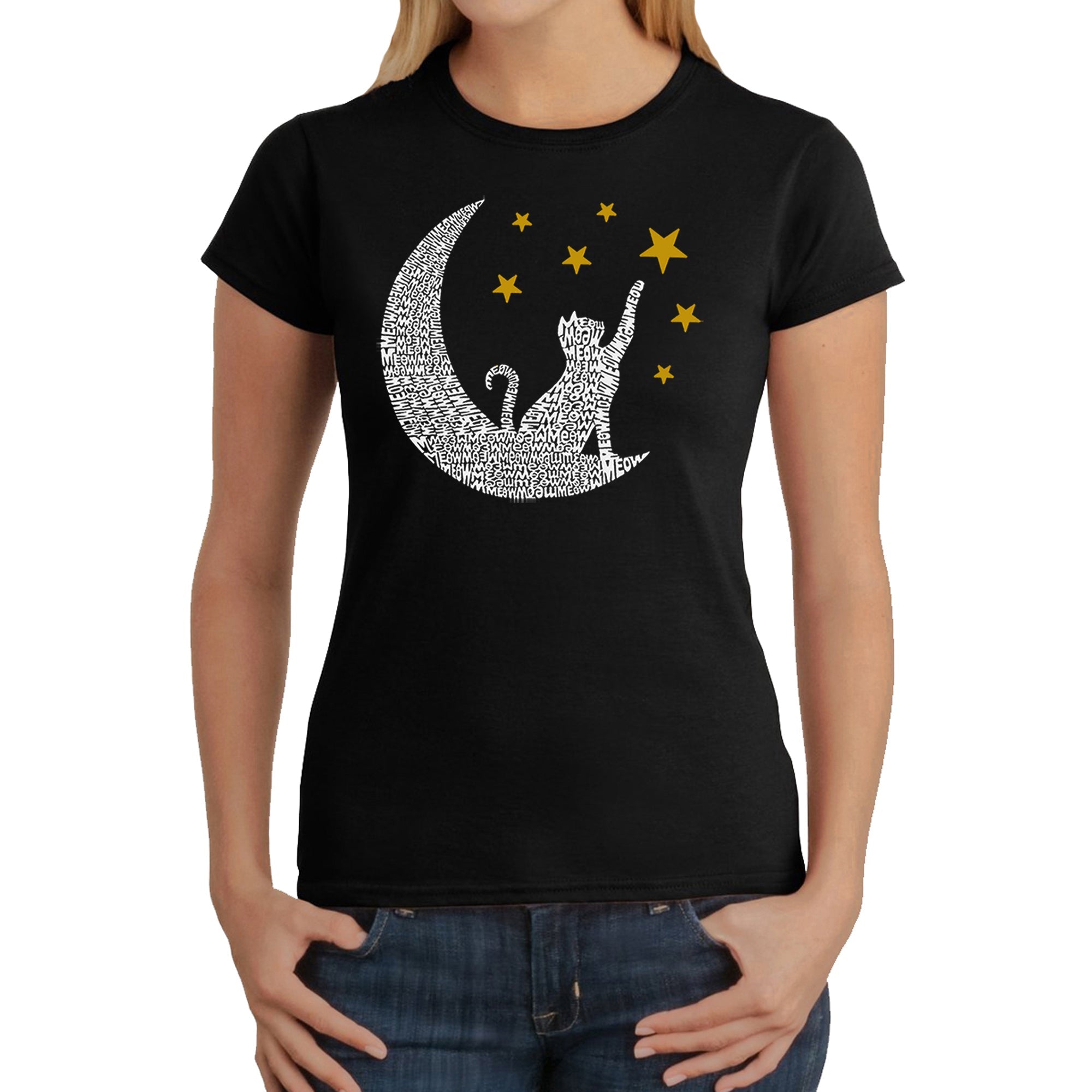 Cat Moon - Women's Word Art T-Shirt - Black - Large