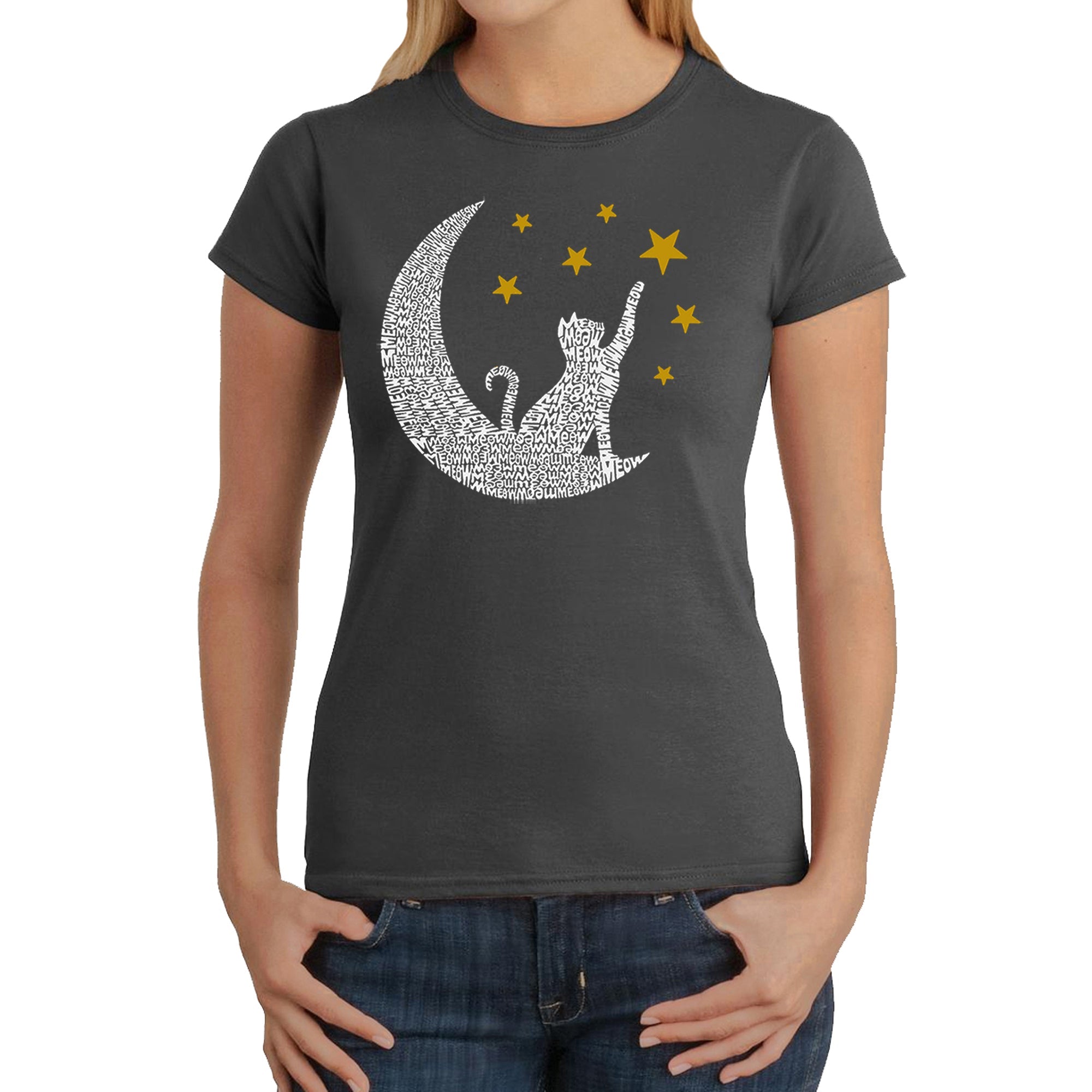 Cat Moon - Women's Word Art T-Shirt - Grey - Medium