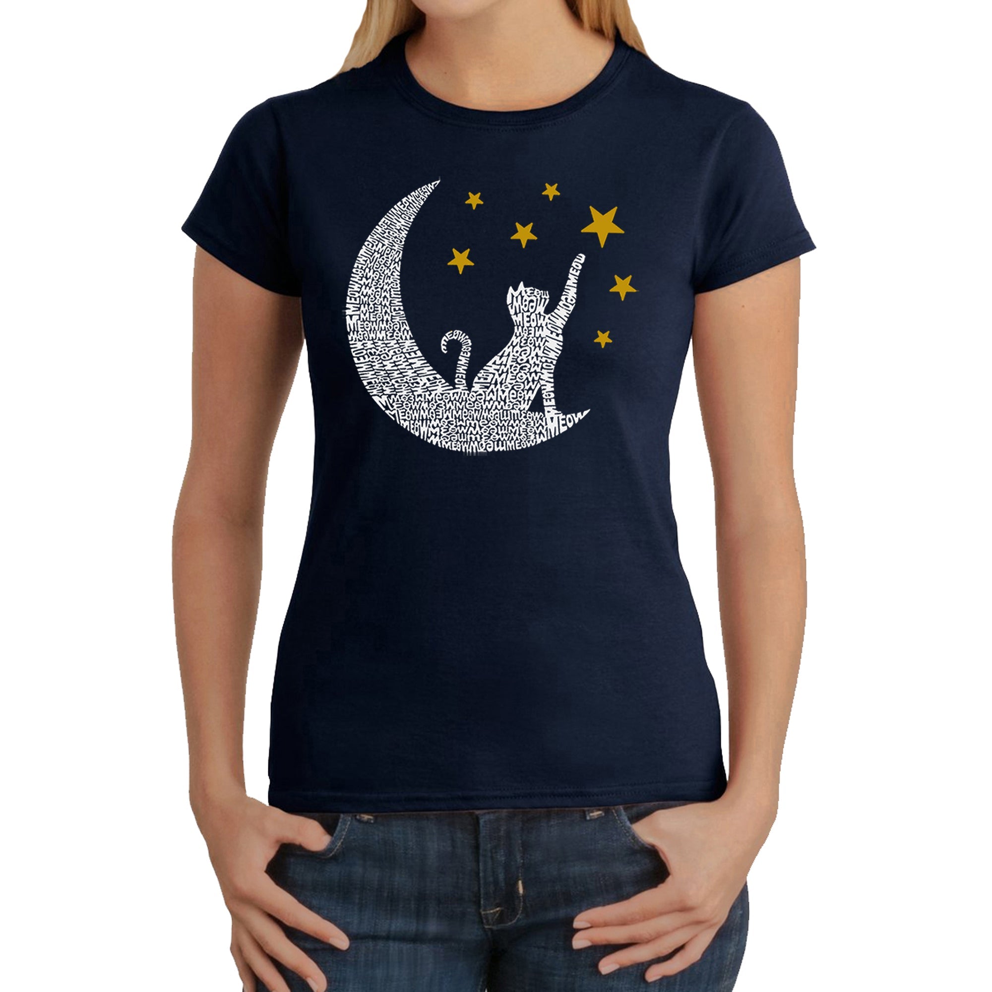 Cat Moon - Women's Word Art T-Shirt - Navy - Large
