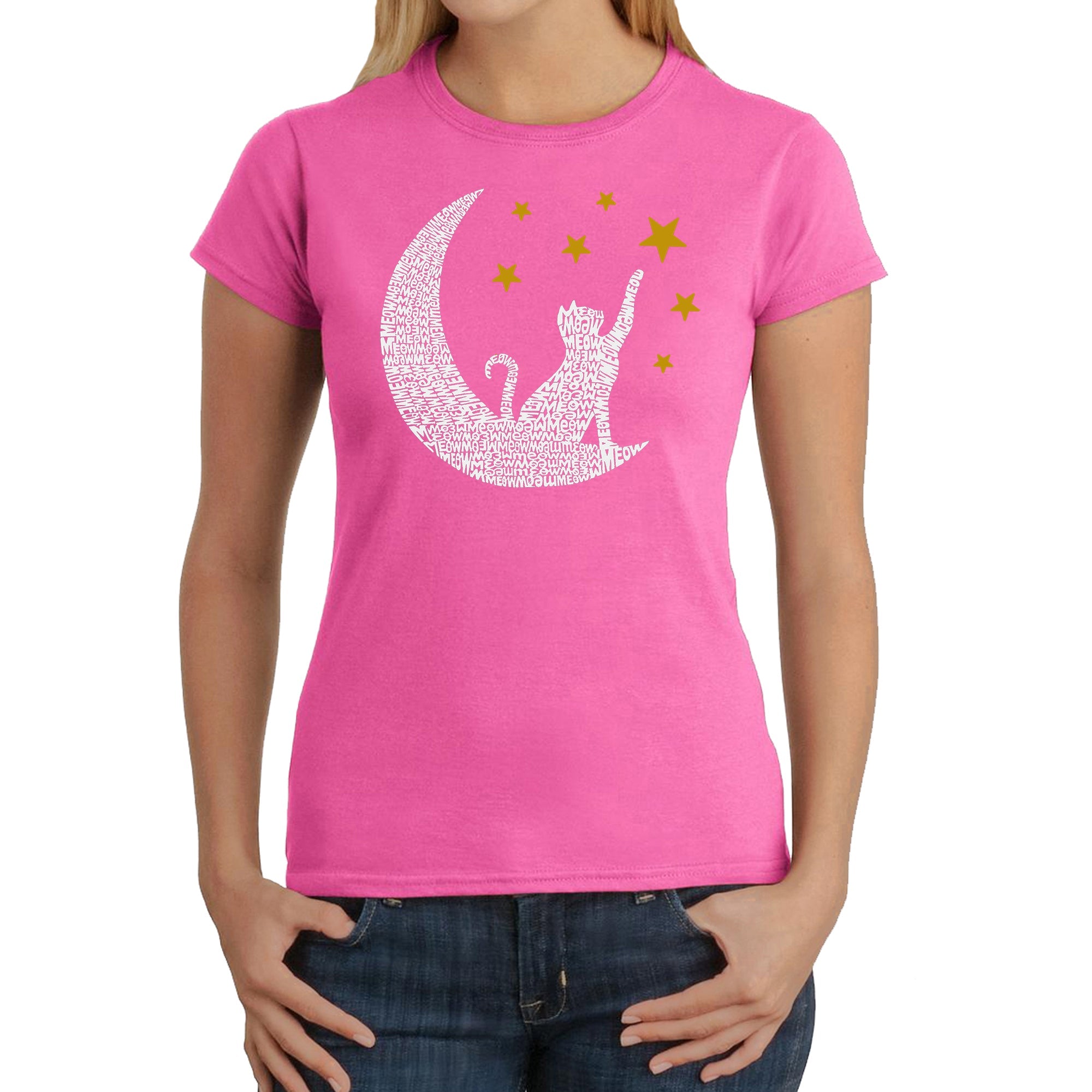 Cat Moon - Women's Word Art T-Shirt - Pink - XS