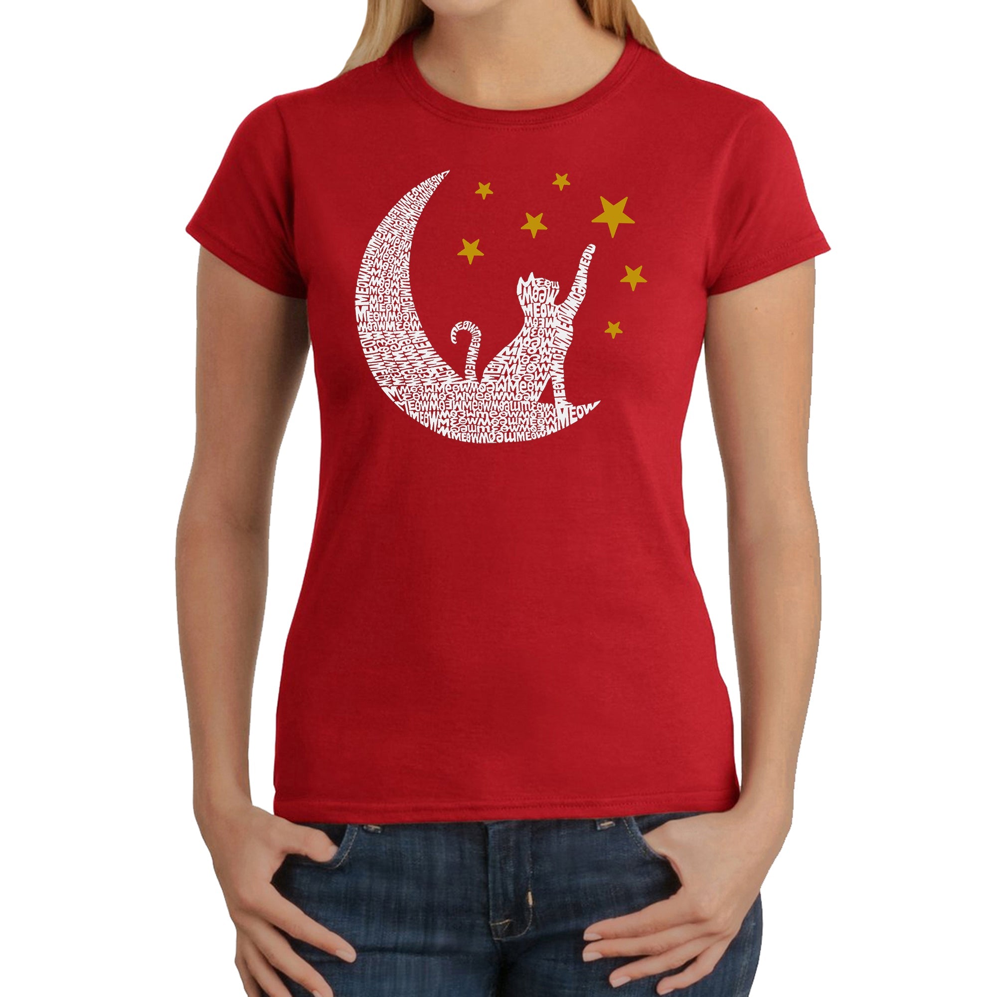 Cat Moon - Women's Word Art T-Shirt - Red - Small