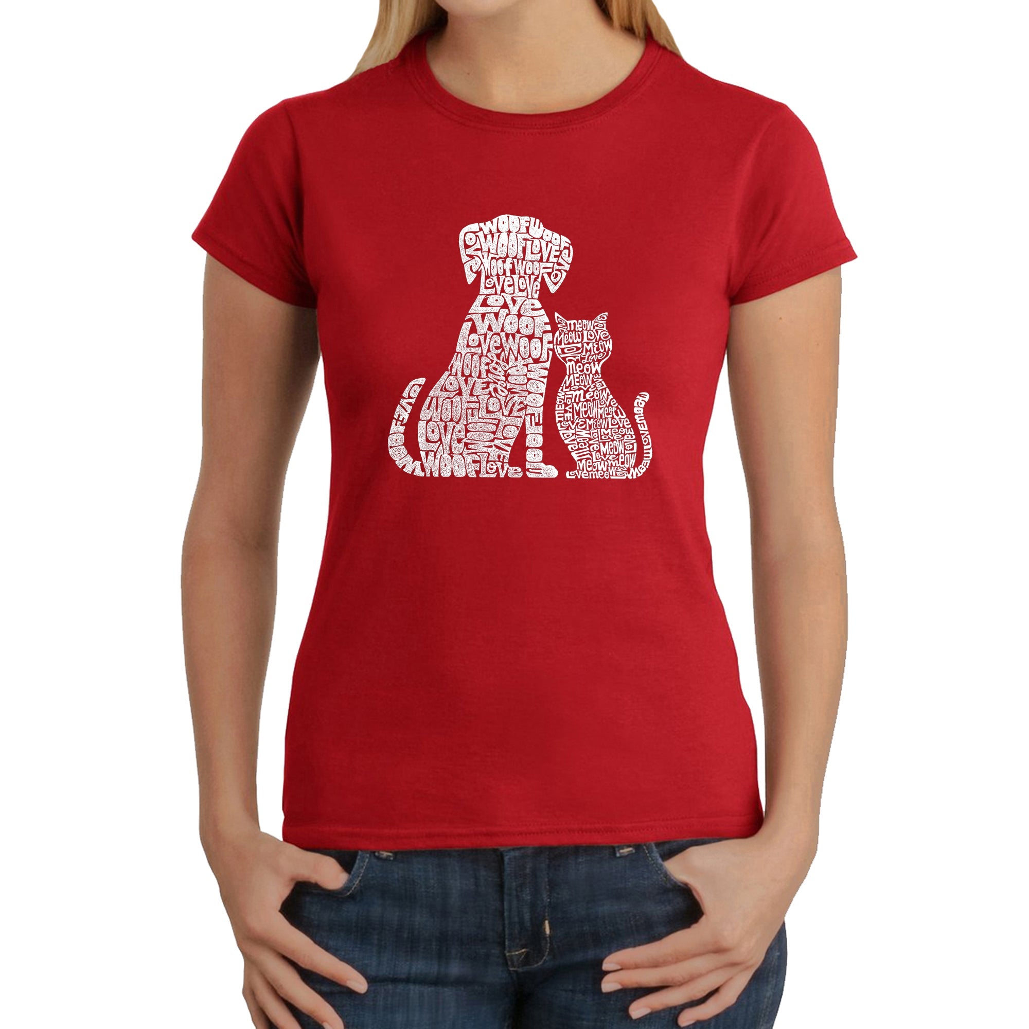 Dogs and Cats - Women's Word Art T-Shirt - Red - Large