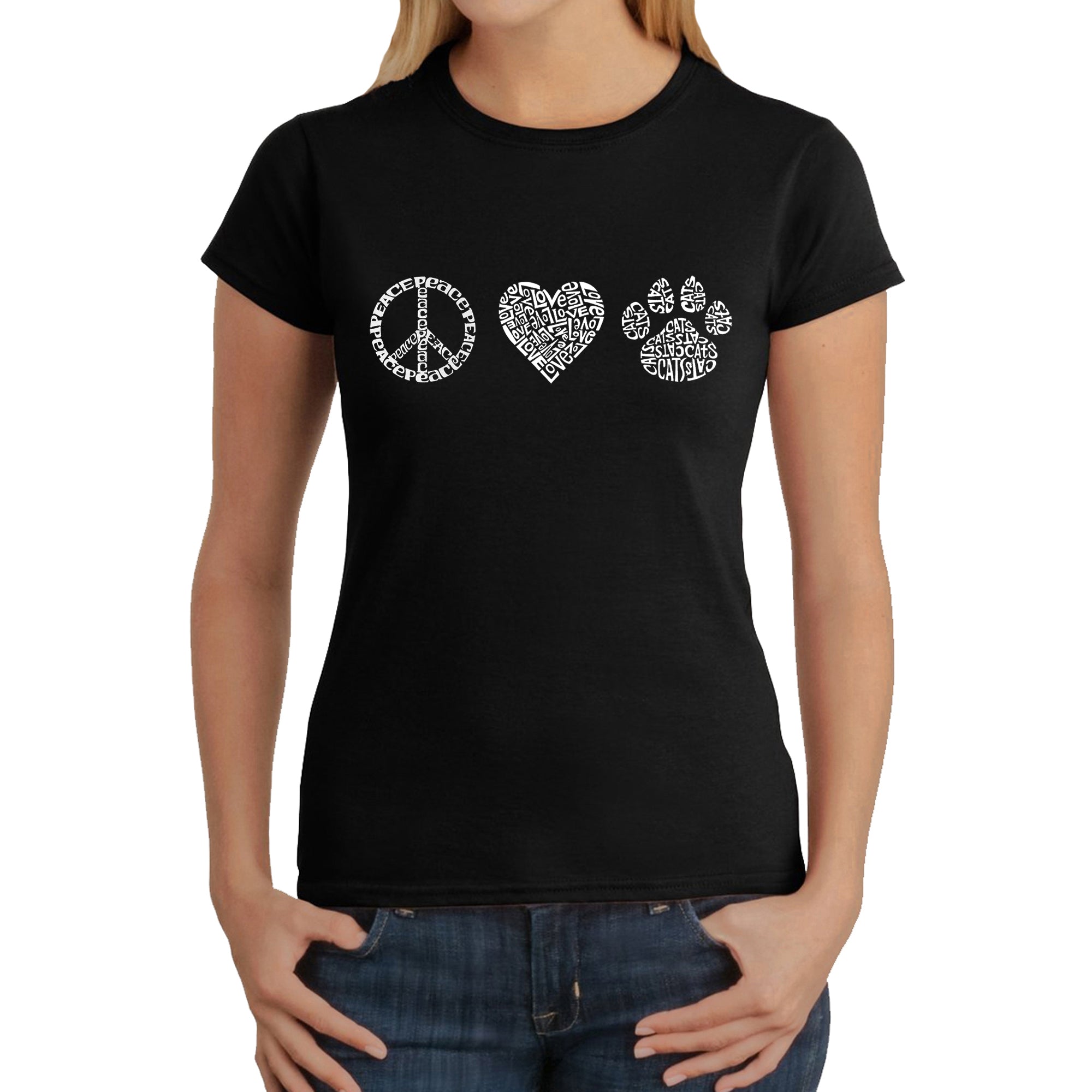 Peace Love Cats - Women's Word Art T-Shirt - Black - XS