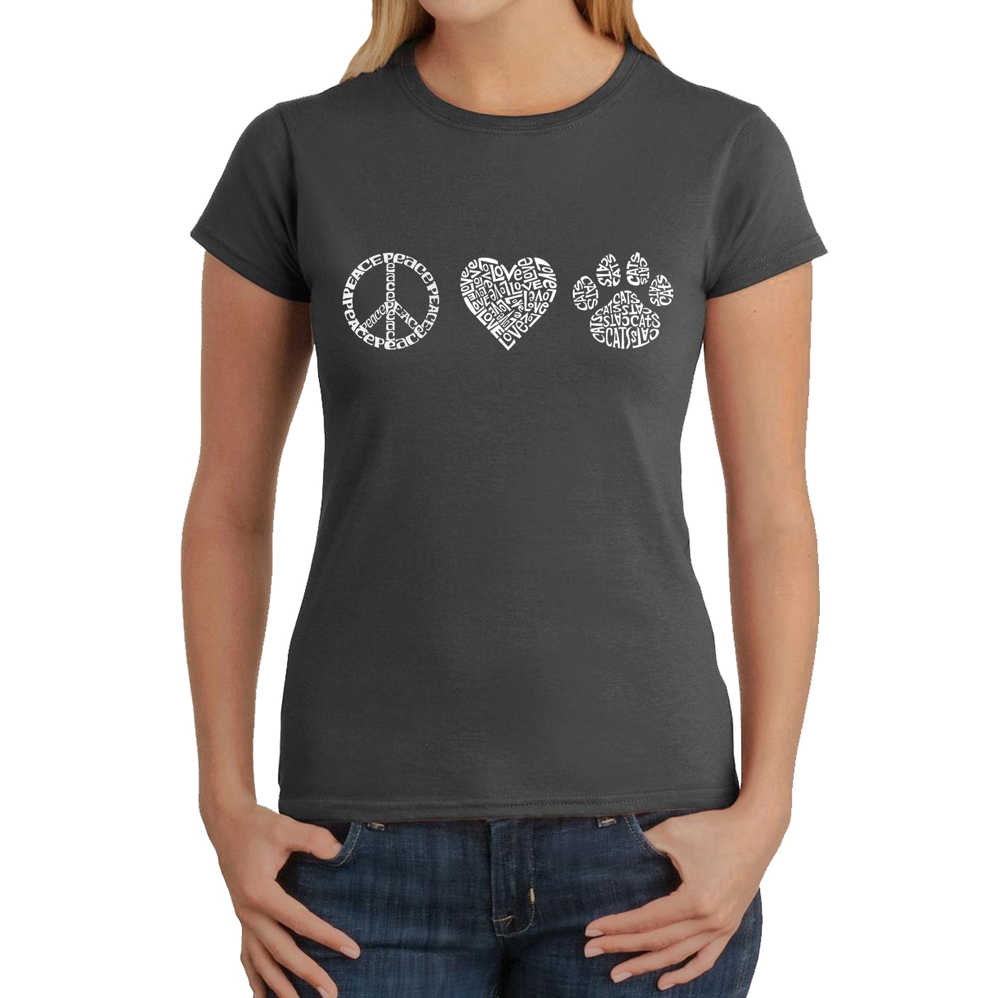 Peace Love Cats - Women's Word Art T-Shirt - Grey - X-Large