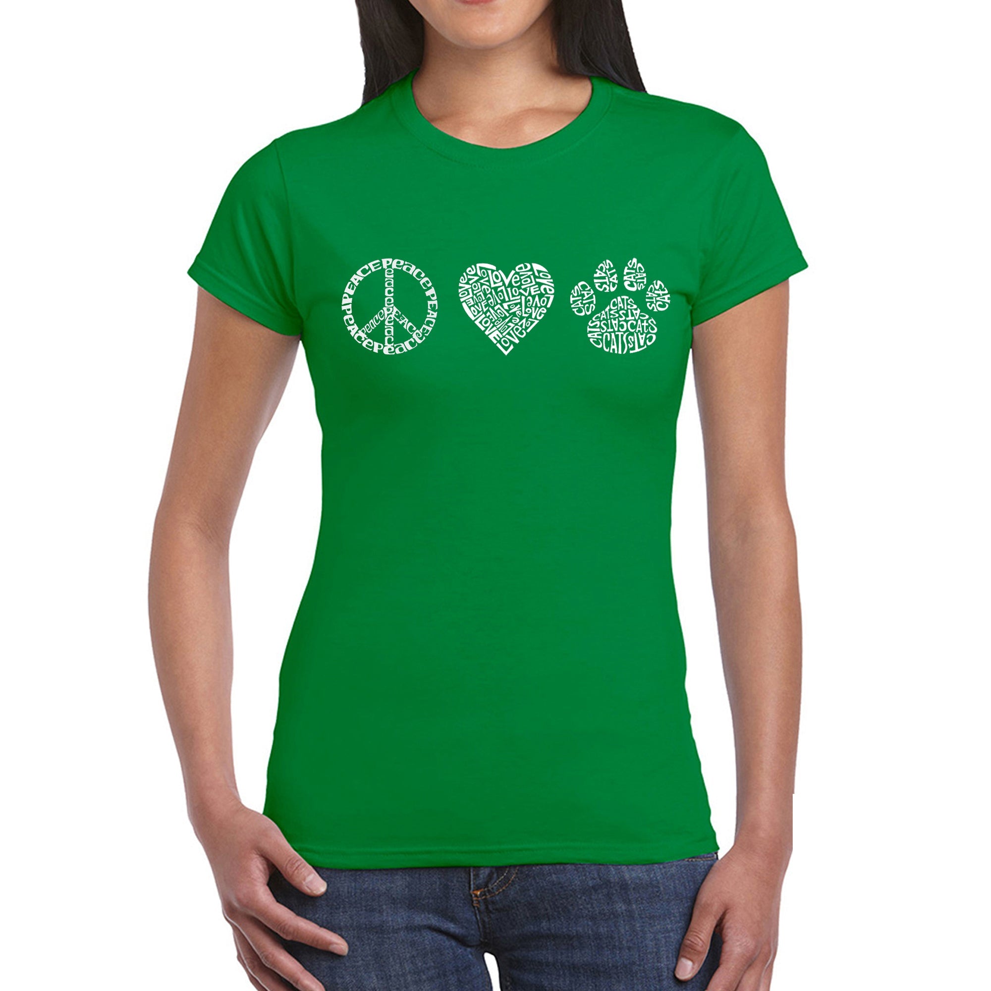 Peace Love Cats - Women's Word Art T-Shirt - Kelly - Small