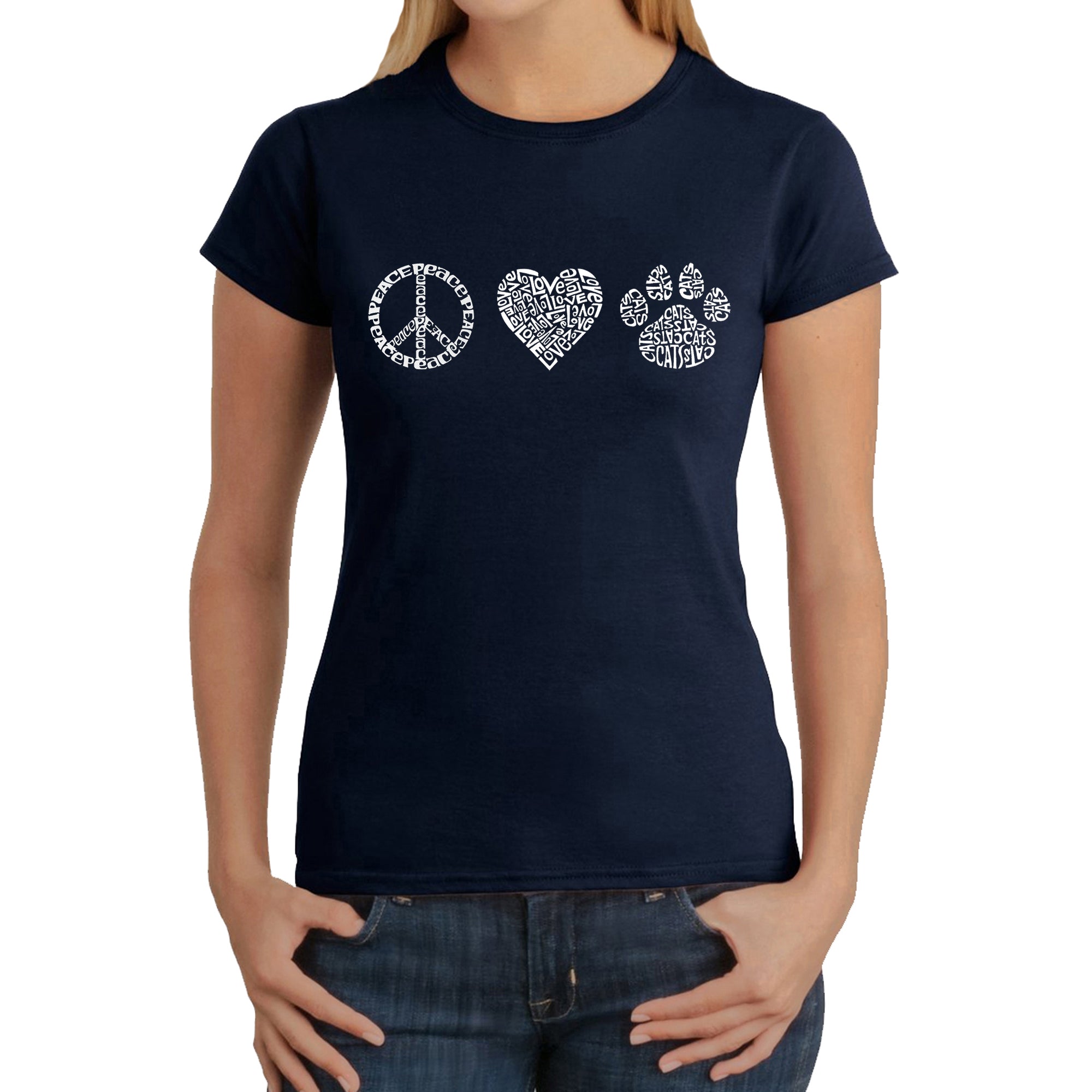 Peace Love Cats - Women's Word Art T-Shirt - Navy - X-Large