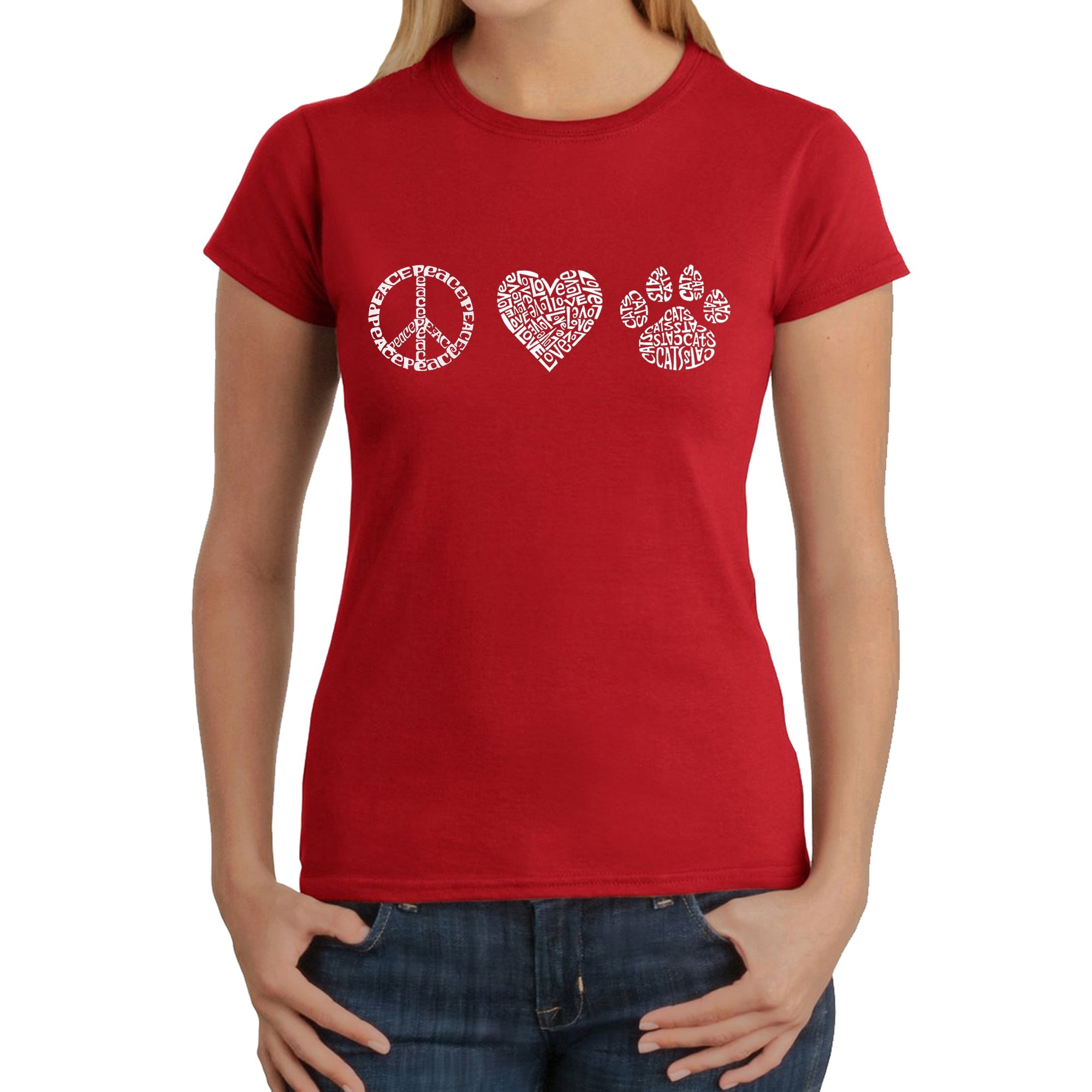 Peace Love Cats - Women's Word Art T-Shirt - Red - XS