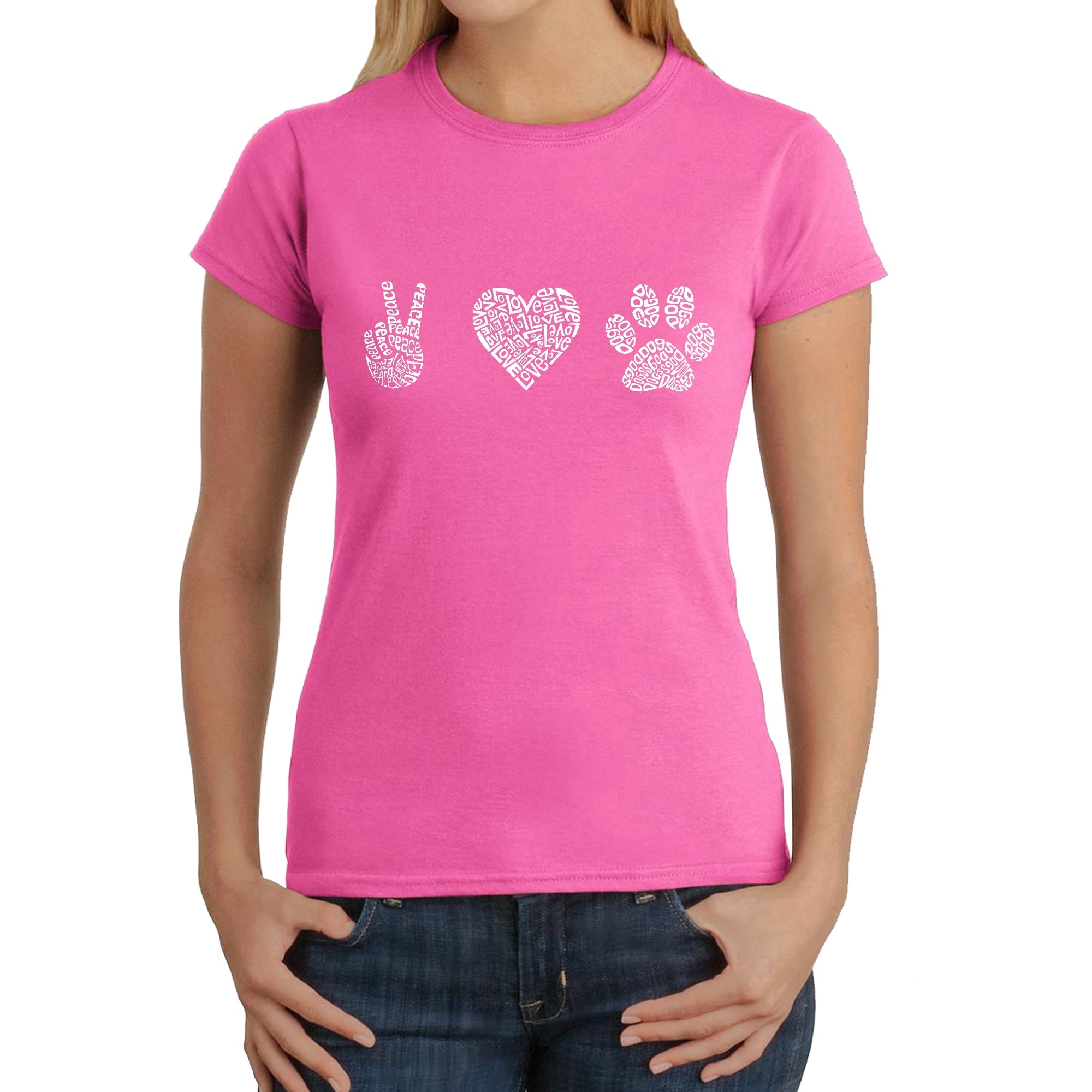 Peace Love Dogs - Women's Word Art T-Shirt - Pink - XS
