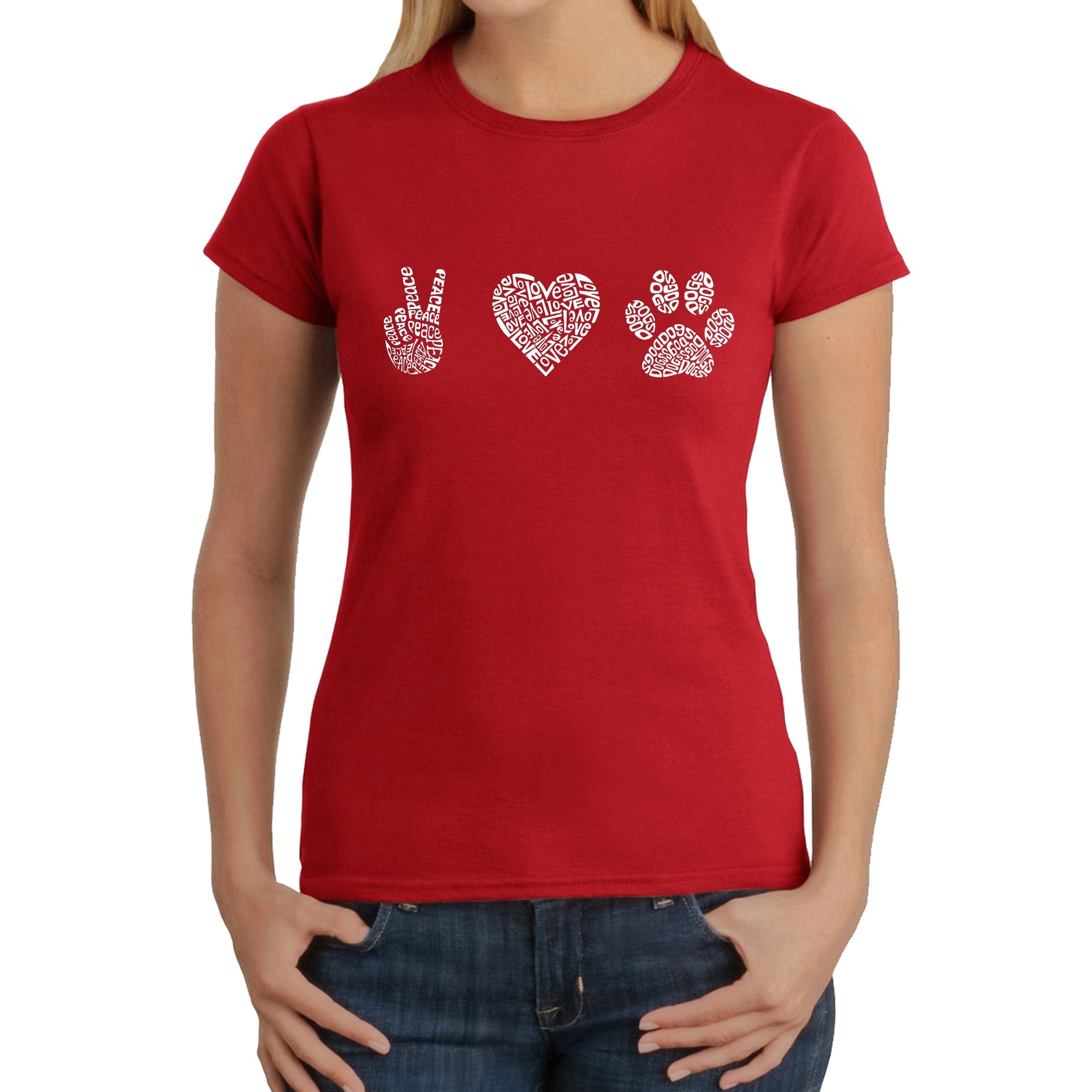 Peace Love Dogs - Women's Word Art T-Shirt - Red - XS