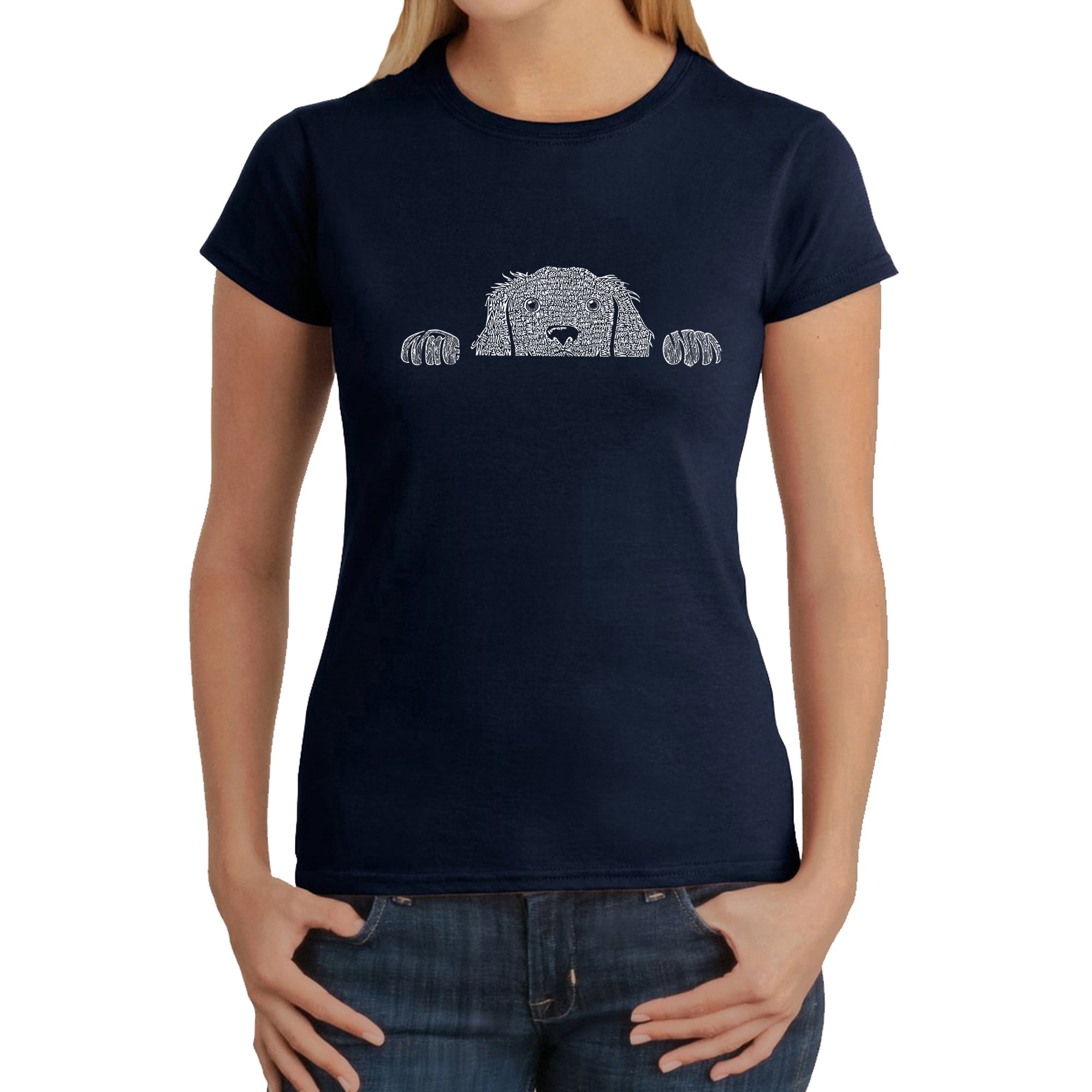 Peeking Dog - Women's Word Art T-Shirt - Navy - Medium