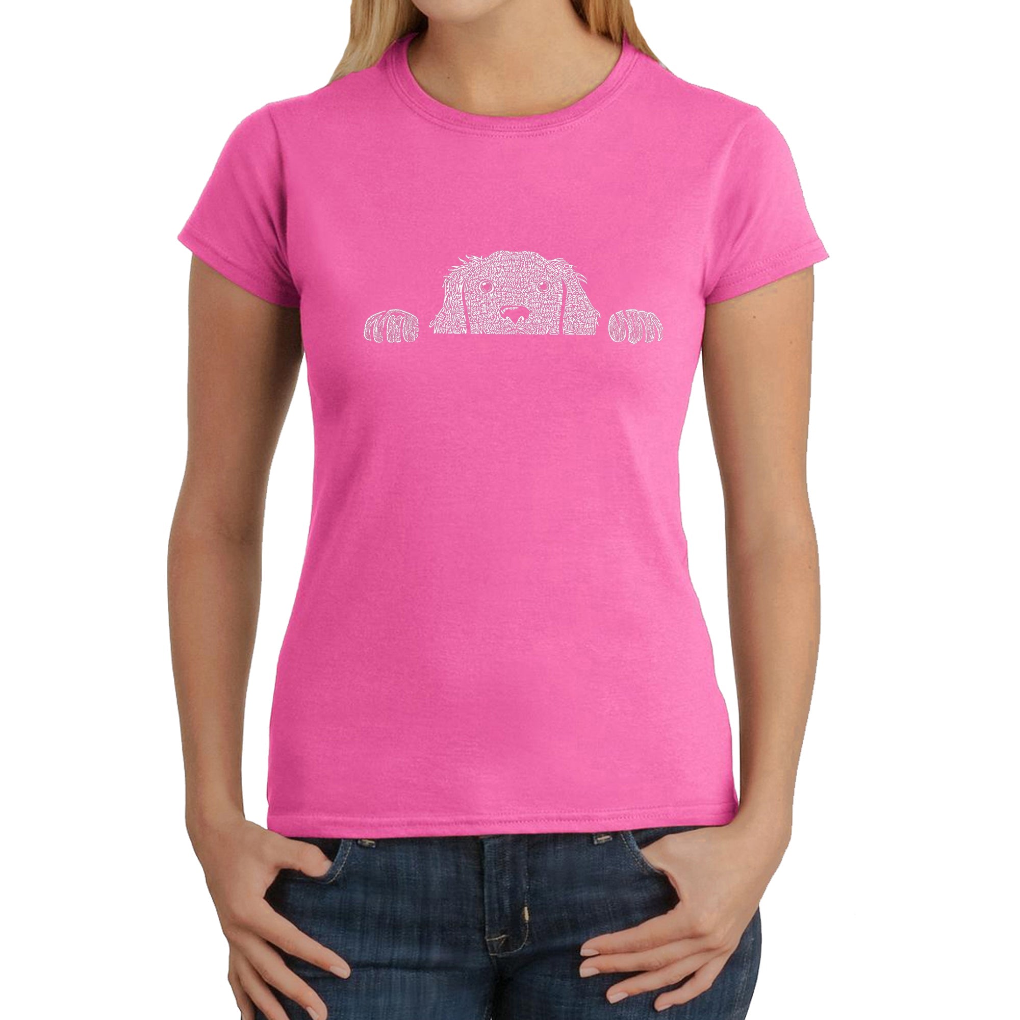 Peeking Dog - Women's Word Art T-Shirt - Pink - Medium