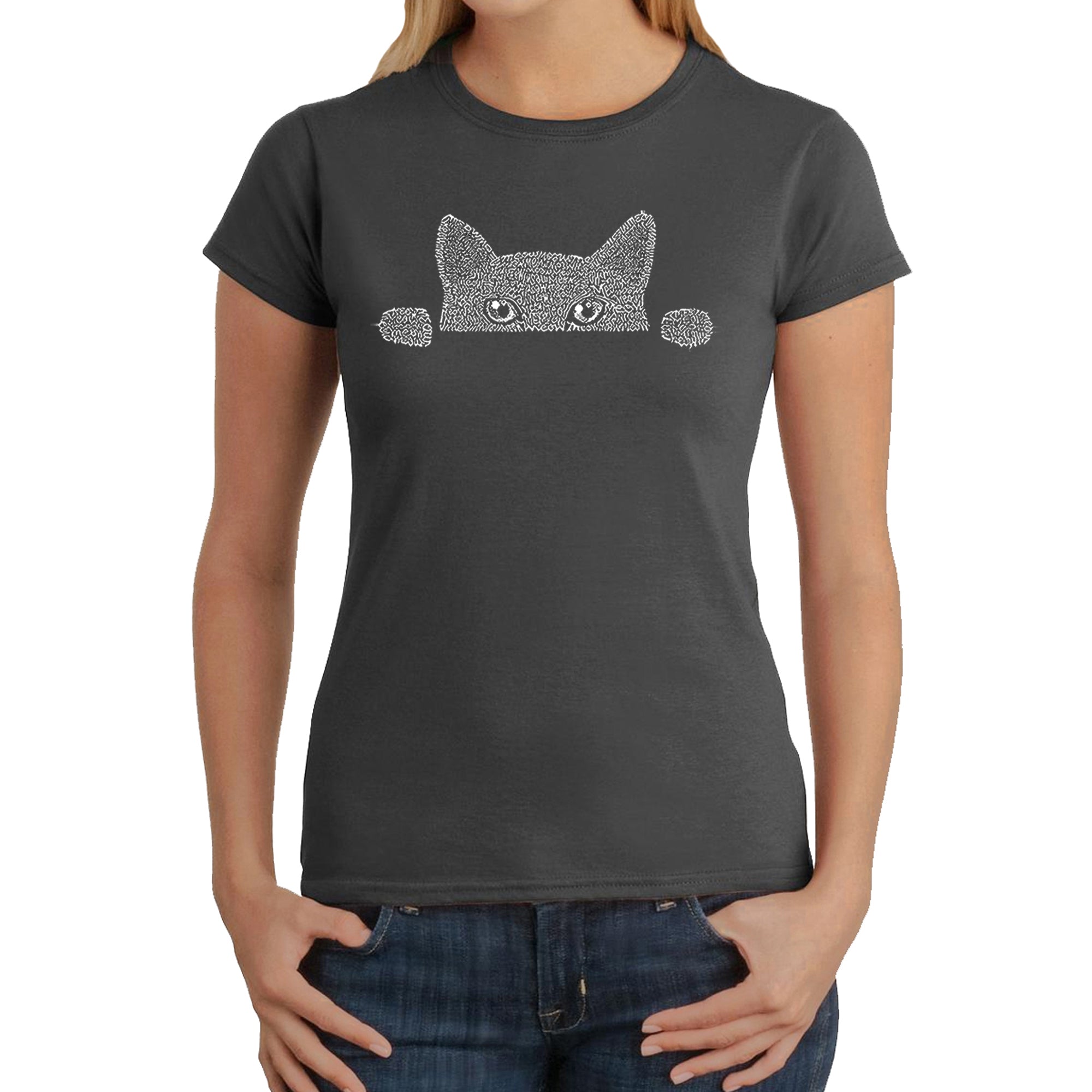 Peeking Cat - Women's Word Art T-Shirt - Grey - Medium