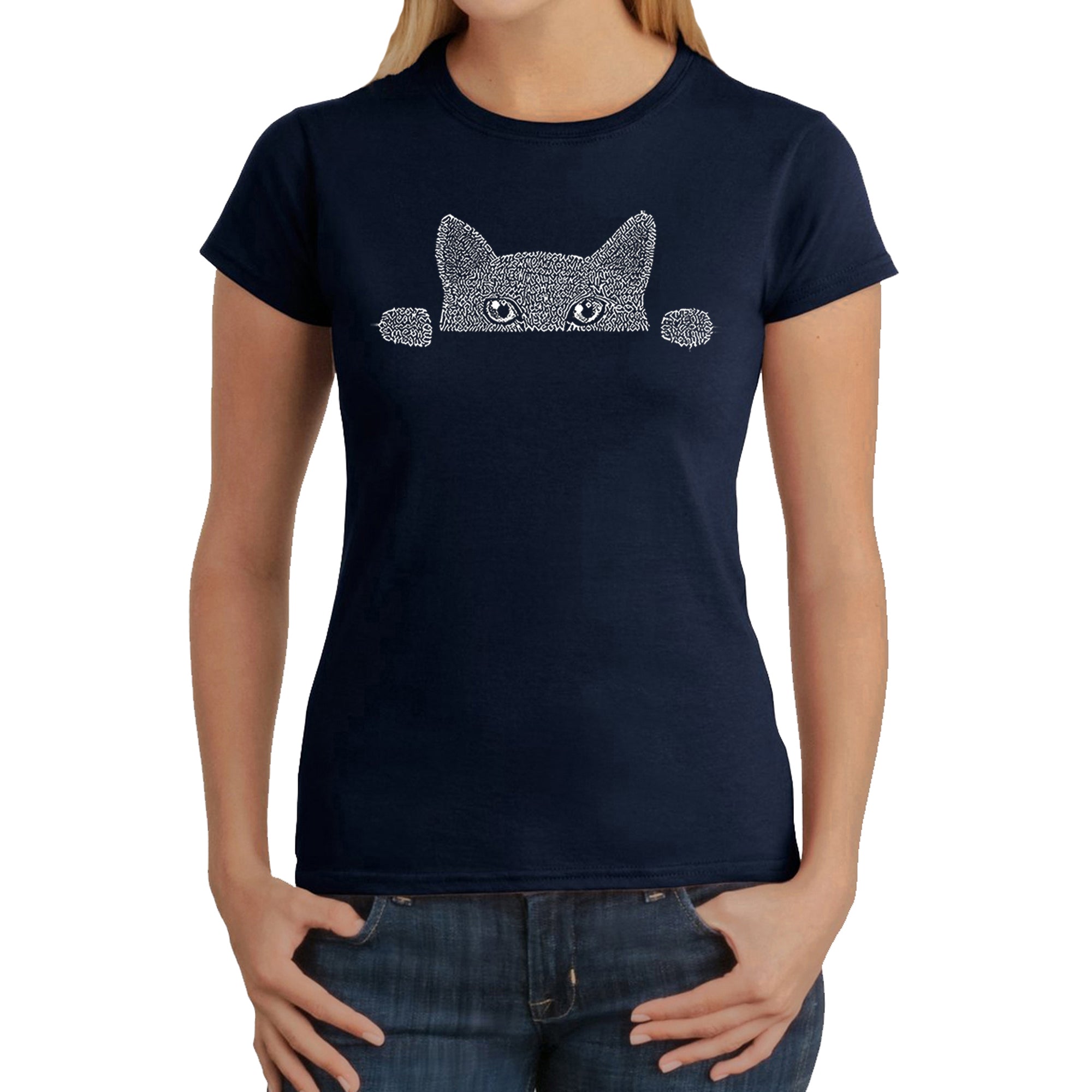 Peeking Cat - Women's Word Art T-Shirt - Navy - Large