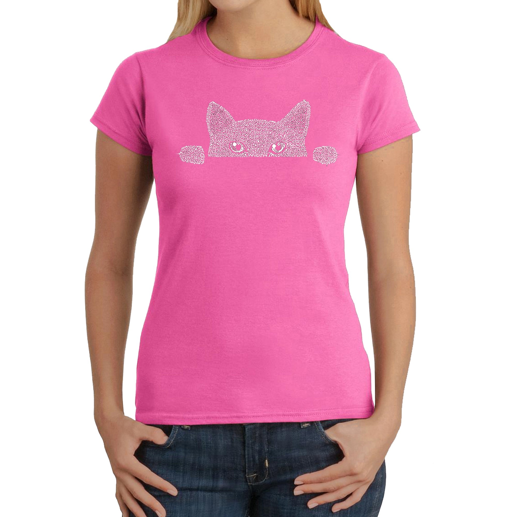 Peeking Cat - Women's Word Art T-Shirt - Pink - Large