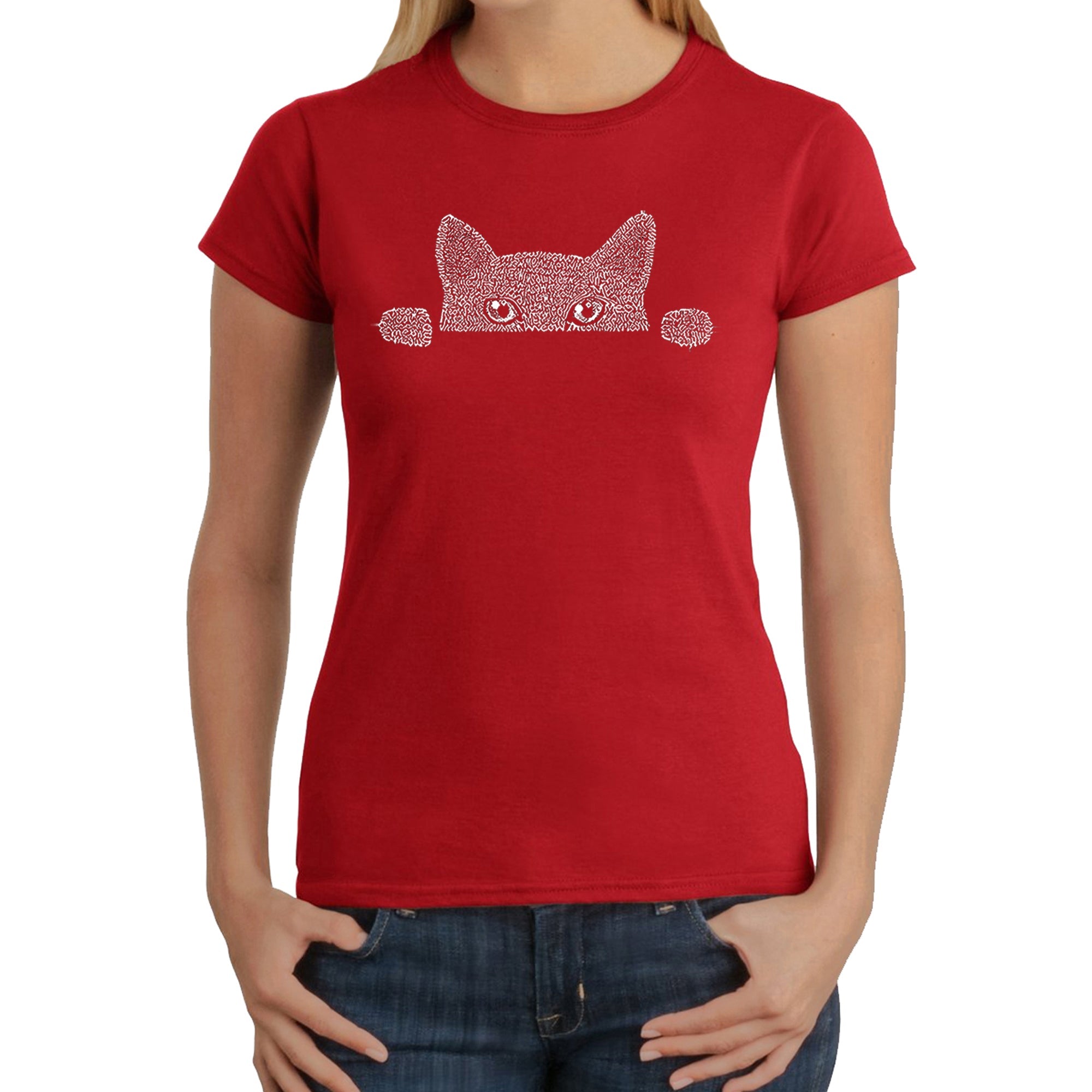 Peeking Cat - Women's Word Art T-Shirt - Red - XX-Large