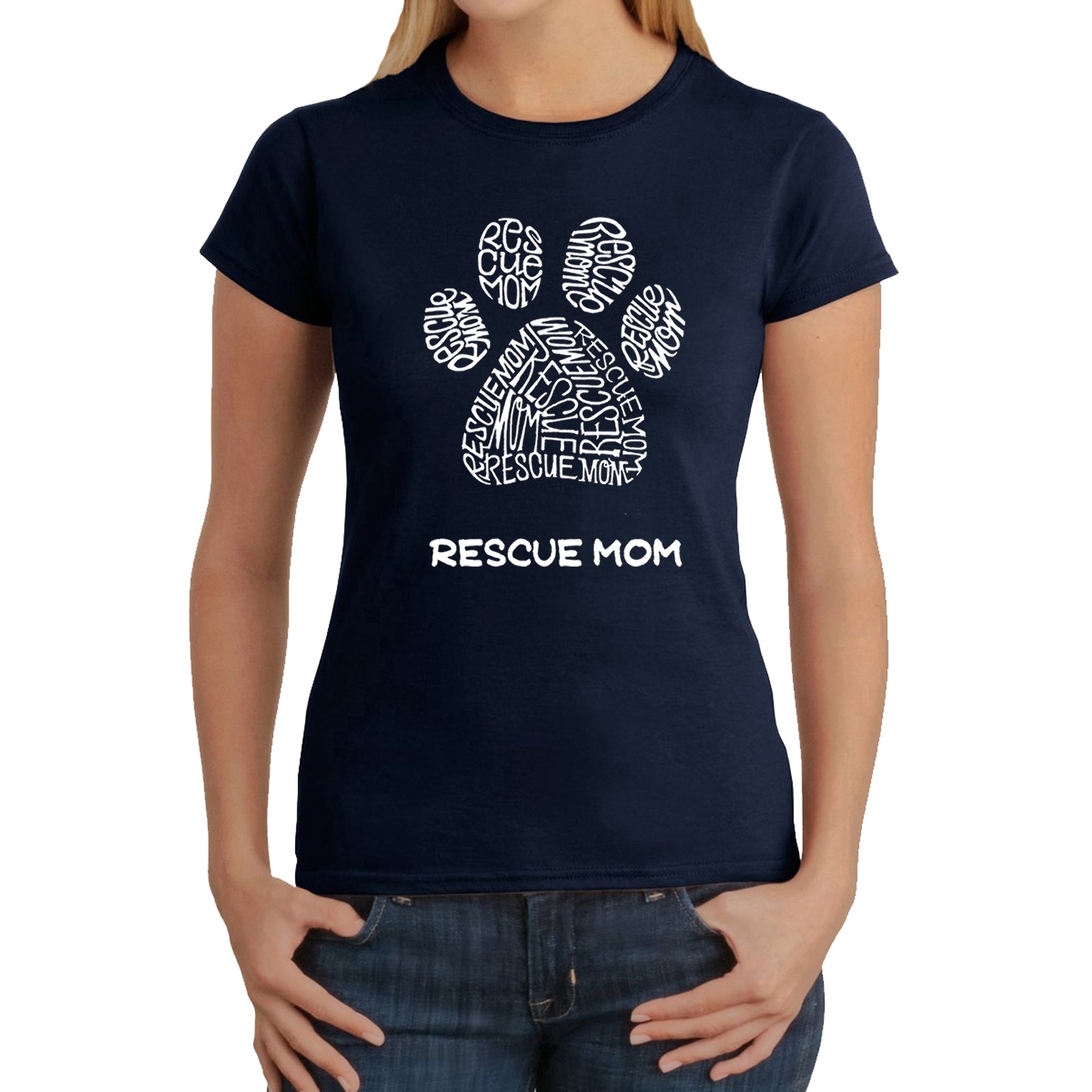 Rescue Mom - Women's Word Art T-Shirt - Navy - Small