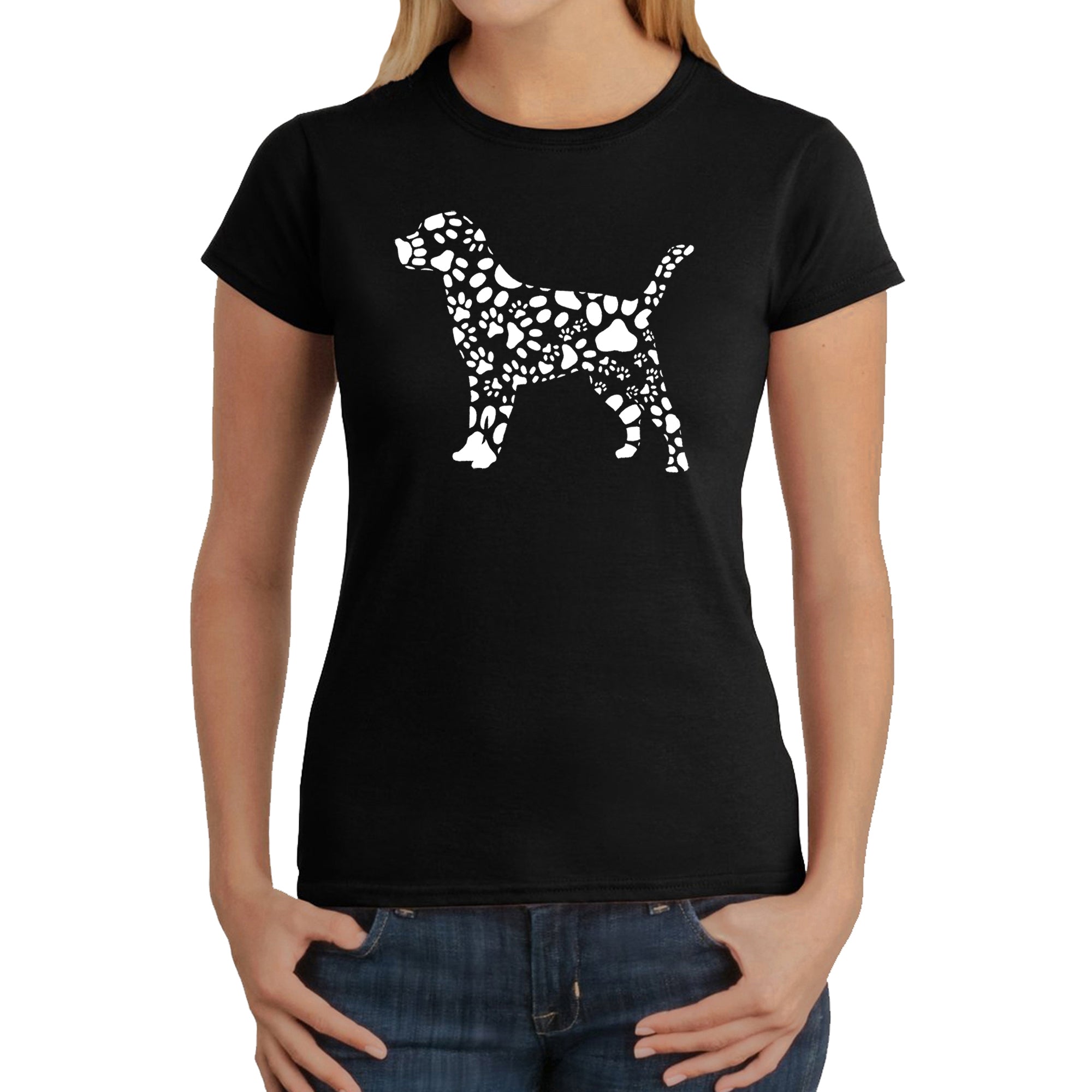 Dog Paw Prints - Women's Word Art T-Shirt - Black - X-Large