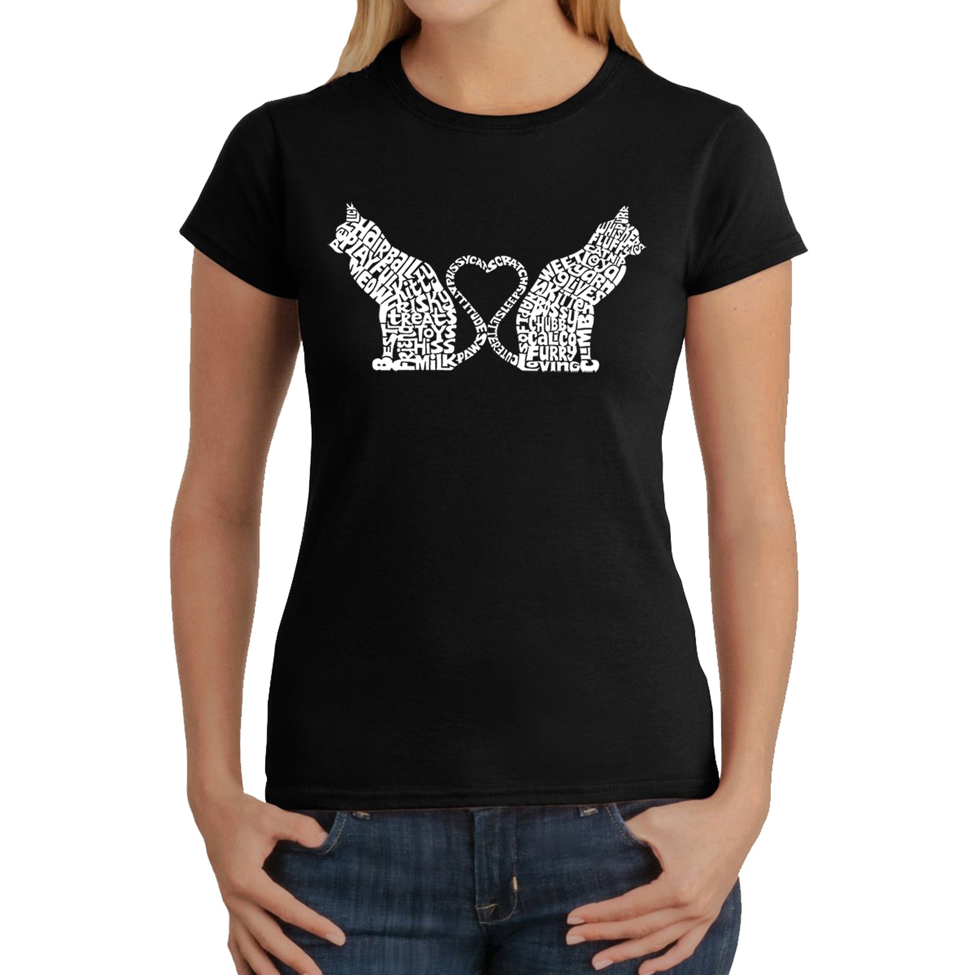 Cat Tail Hearts - Women's Word Art T-Shirt - Black - XX-Large