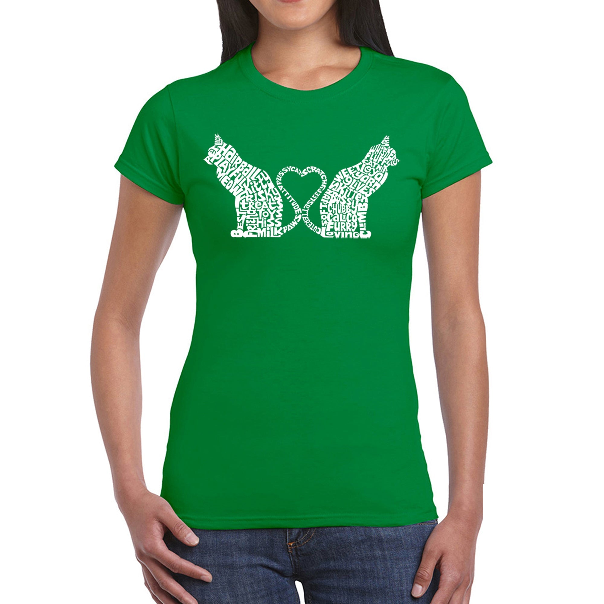 Cat Tail Hearts - Women's Word Art T-Shirt - Kelly - XS