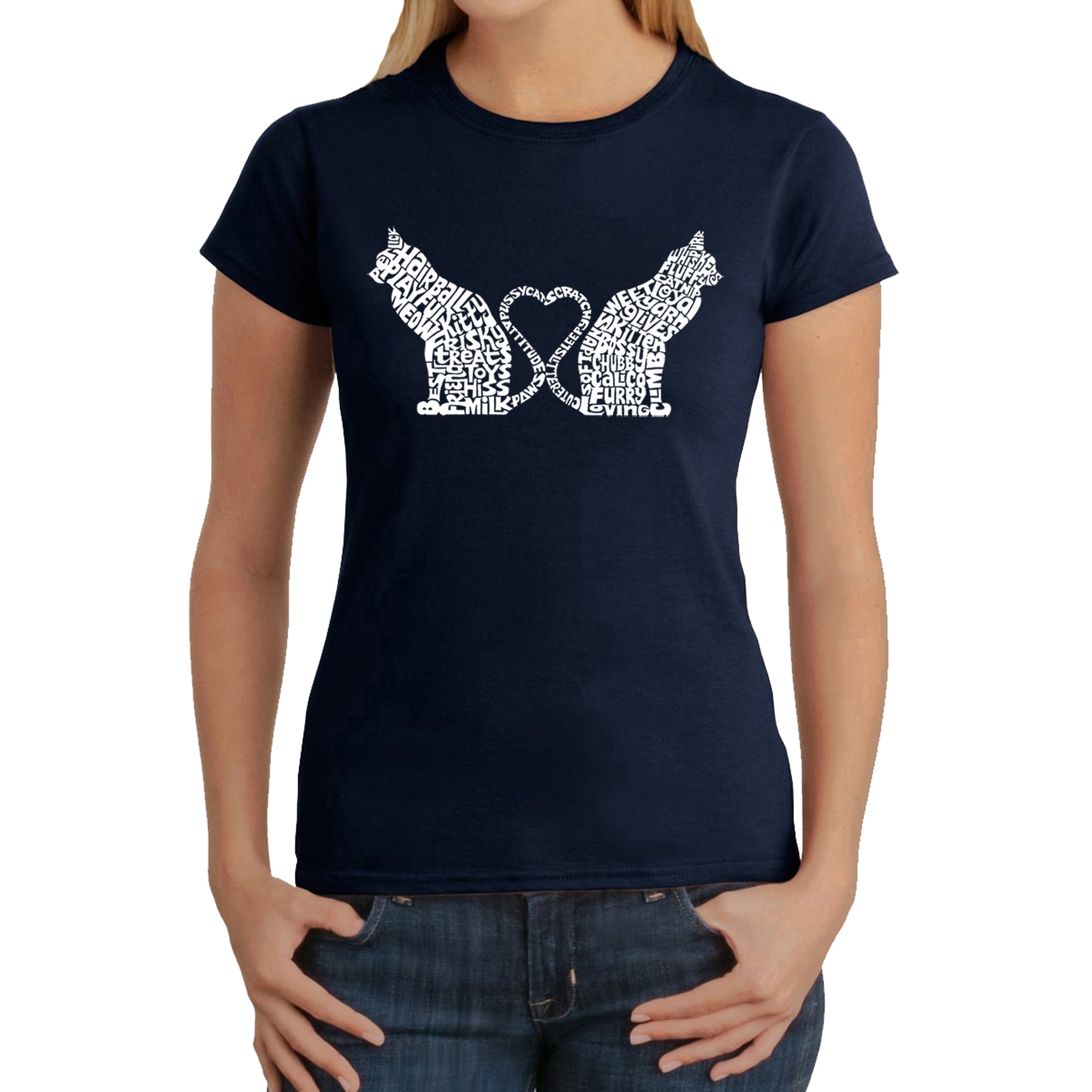 Cat Tail Hearts - Women's Word Art T-Shirt - Navy - Medium