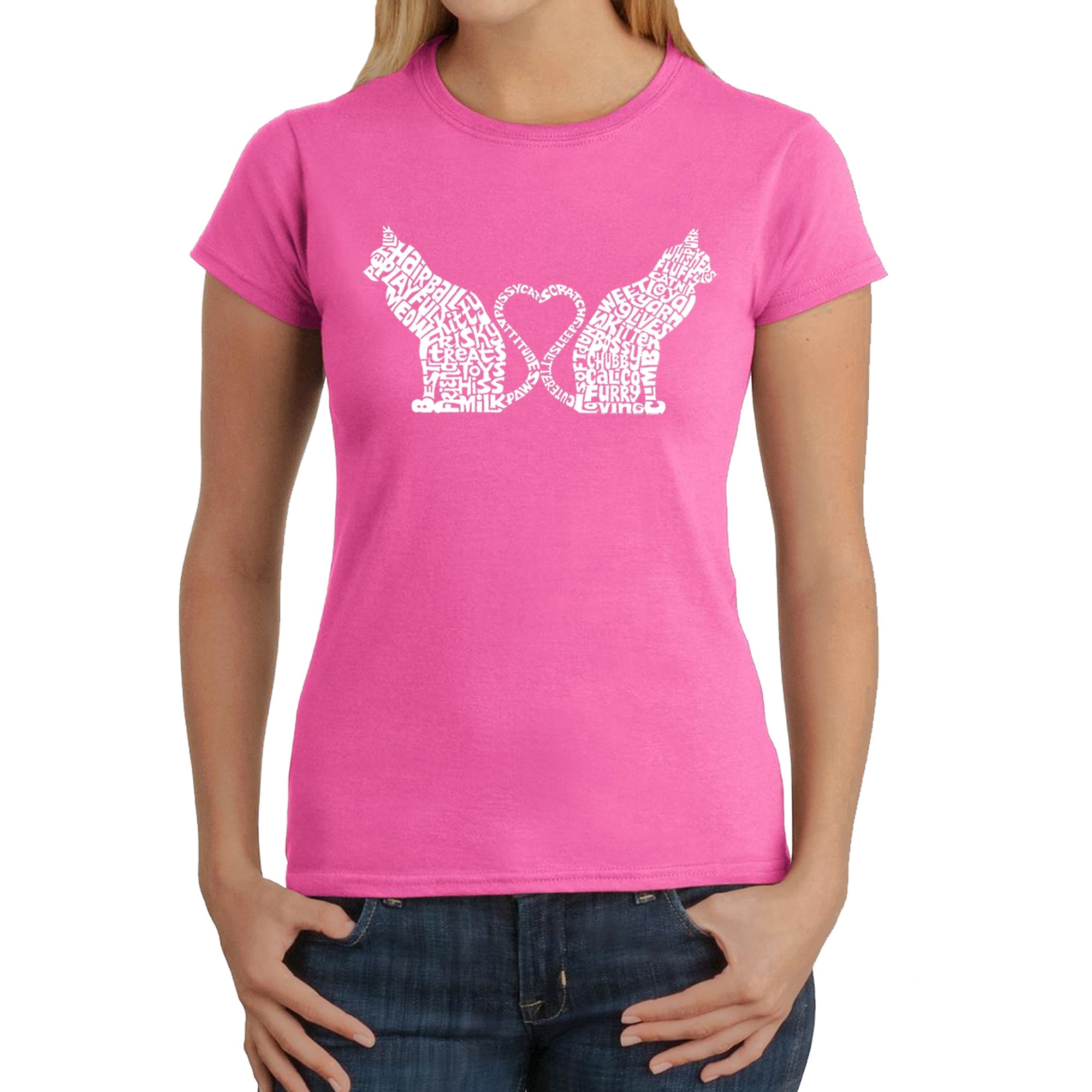 Cat Tail Hearts - Women's Word Art T-Shirt - Pink - Medium