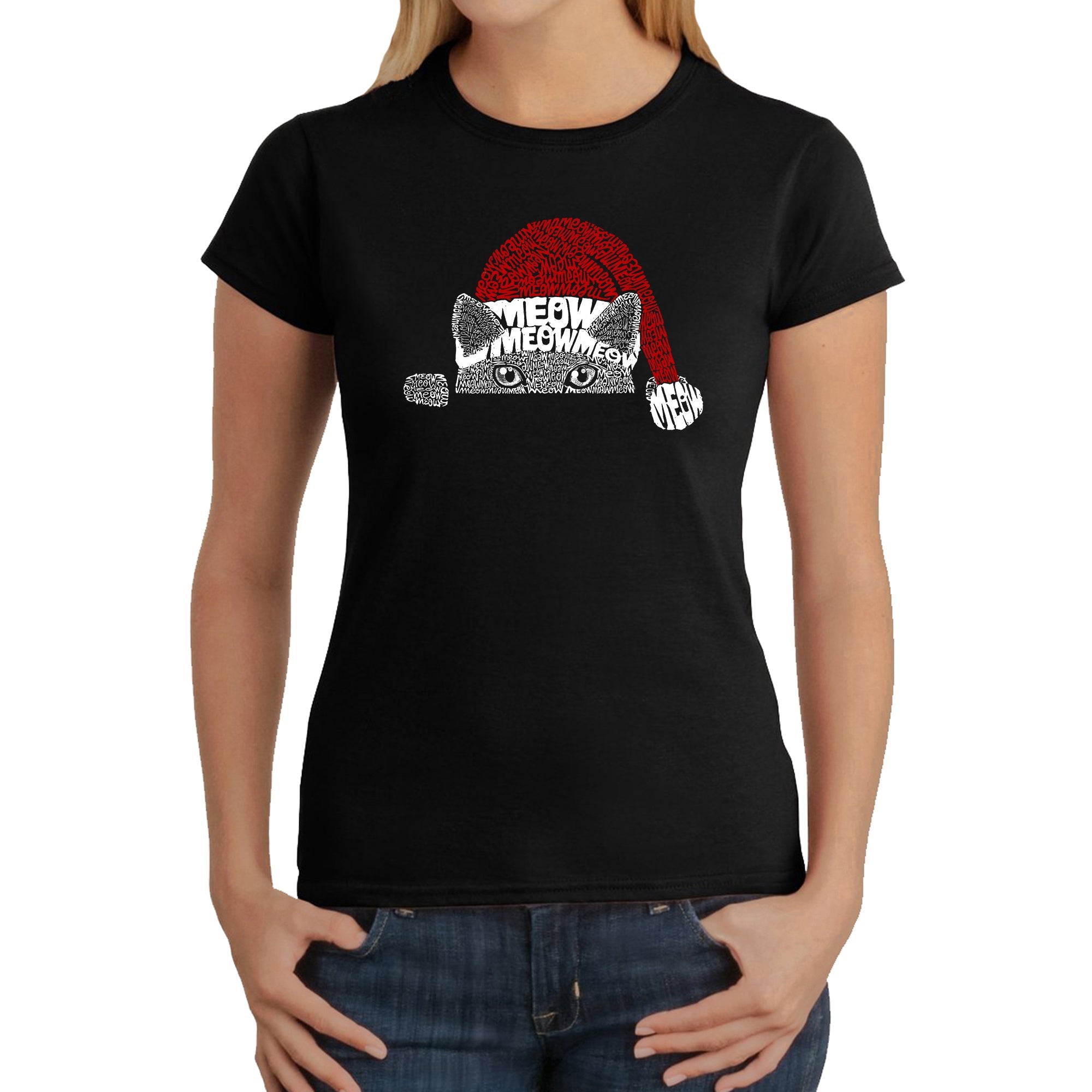Christmas Peeking Cat - Women's Word Art T-Shirt - Black - XX-Large