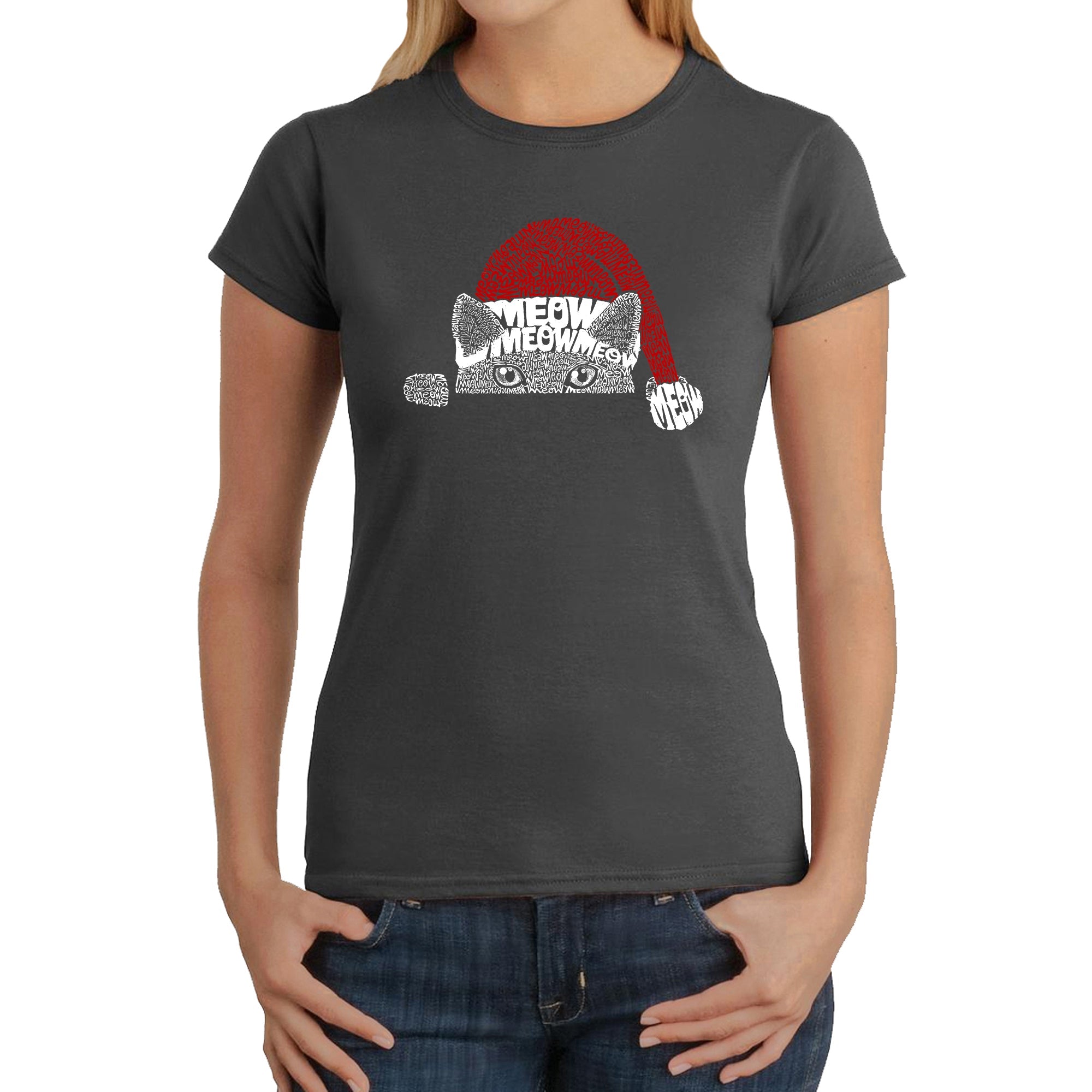 Christmas Peeking Cat - Women's Word Art T-Shirt - Grey - XX-Large