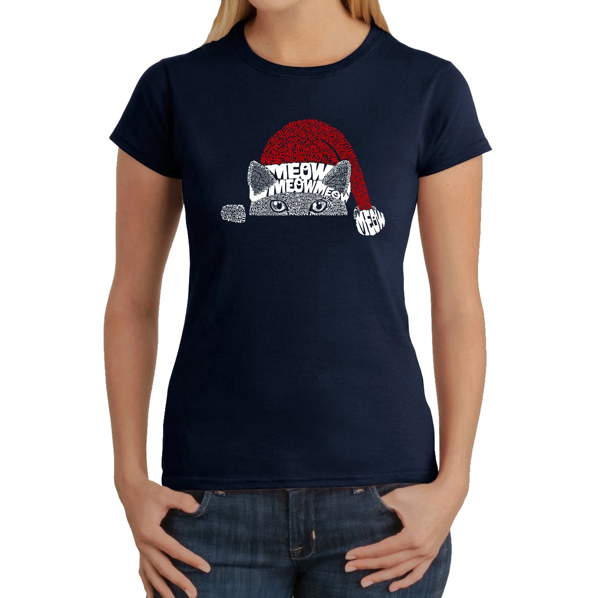 Christmas Peeking Cat - Women's Word Art T-Shirt - Navy - XX-Large
