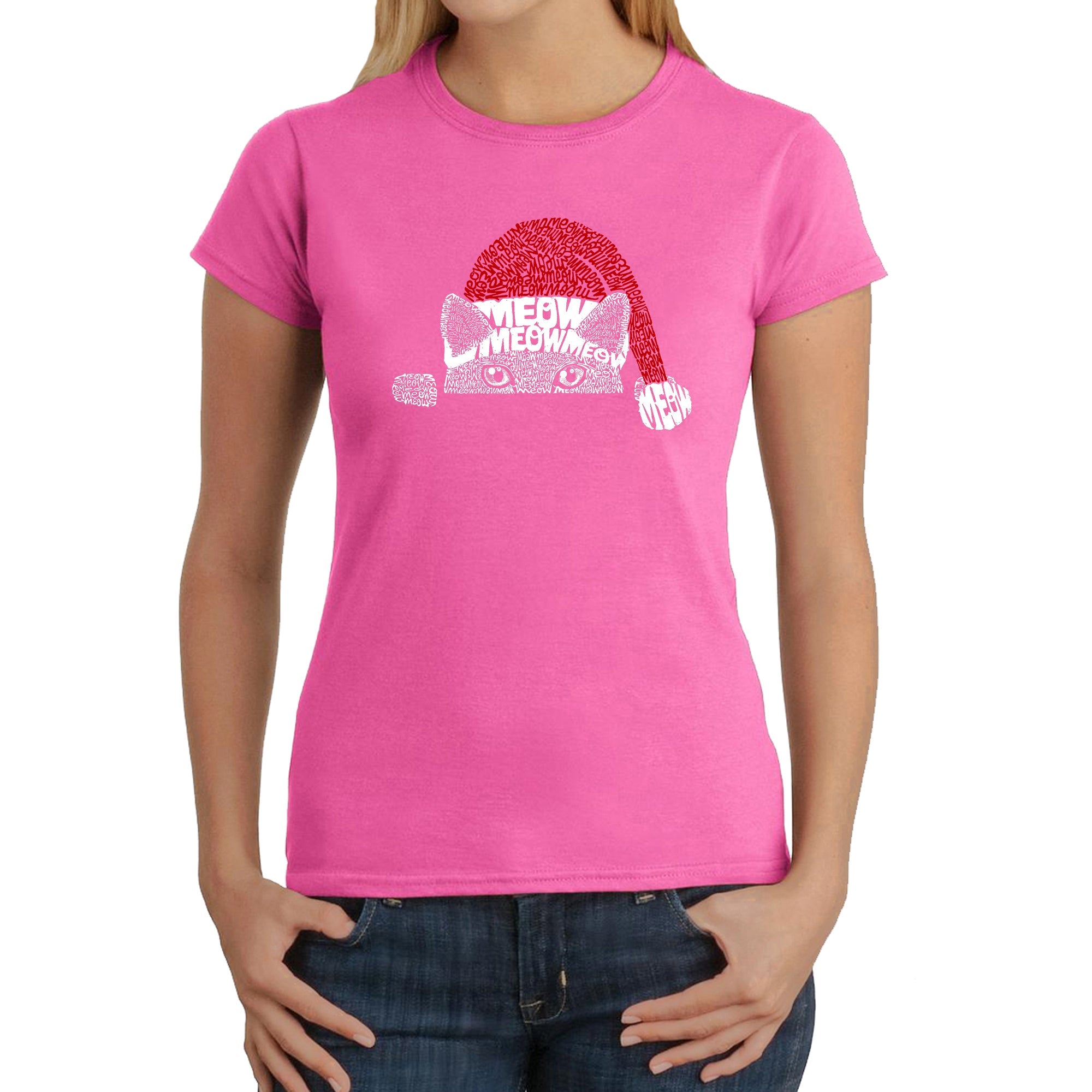 Christmas Peeking Cat - Women's Word Art T-Shirt - Pink - X-Large