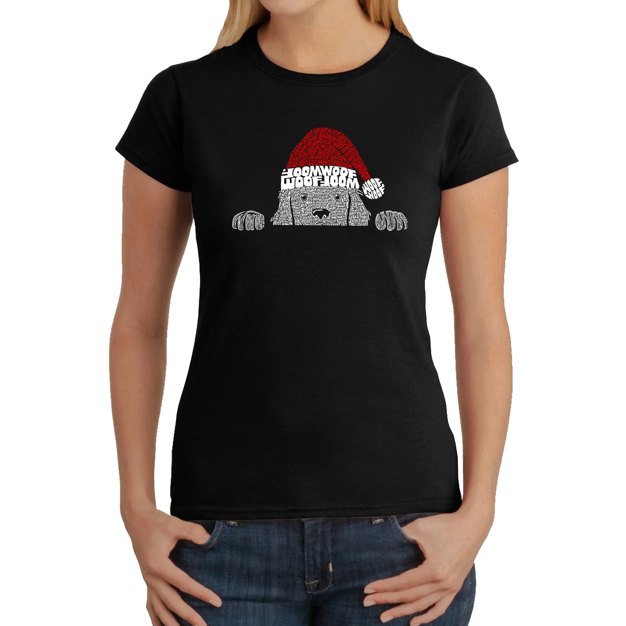Christmas Peeking Dog - Women's Word Art T-Shirt - Black - X-Large