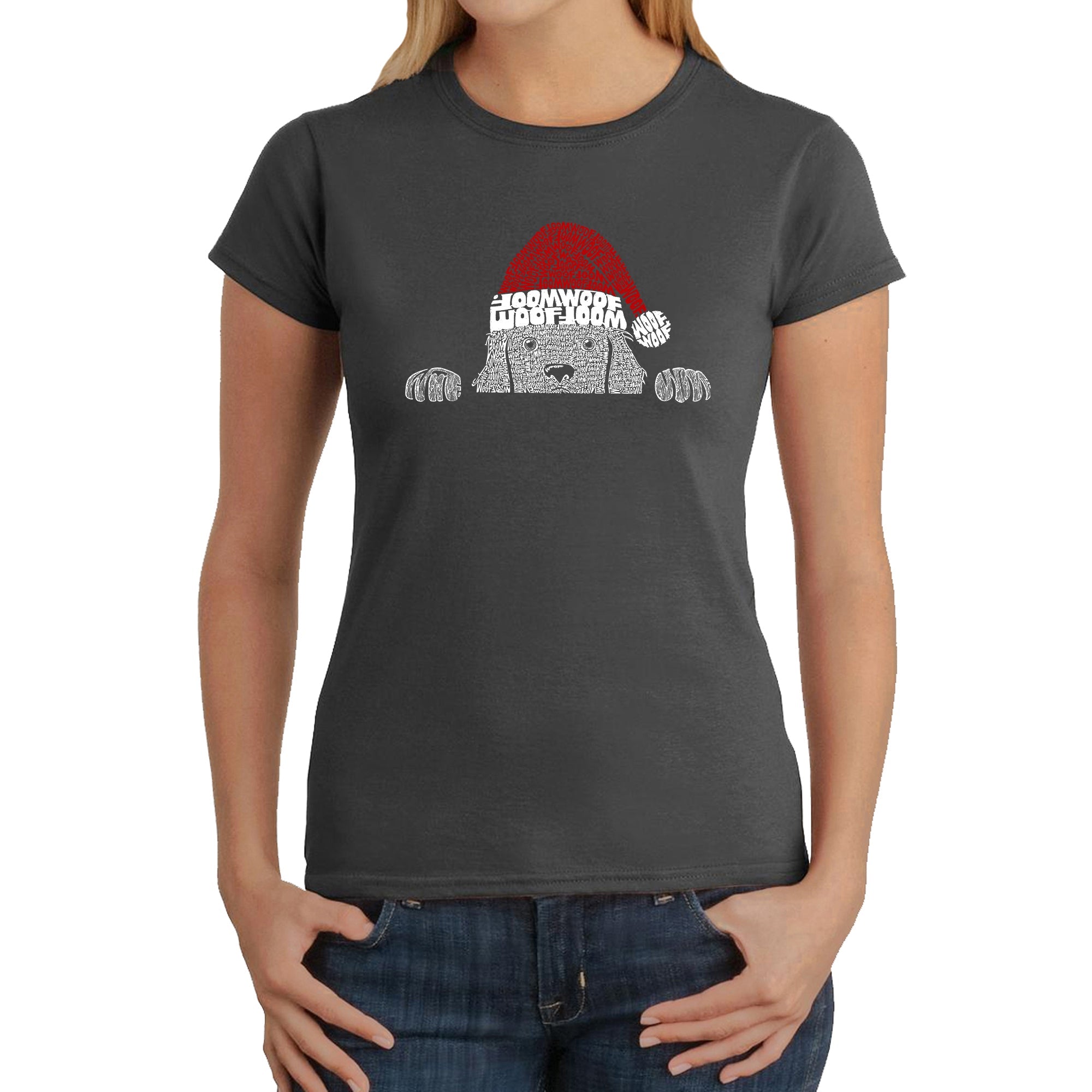 Christmas Peeking Dog - Women's Word Art T-Shirt - Grey - Large