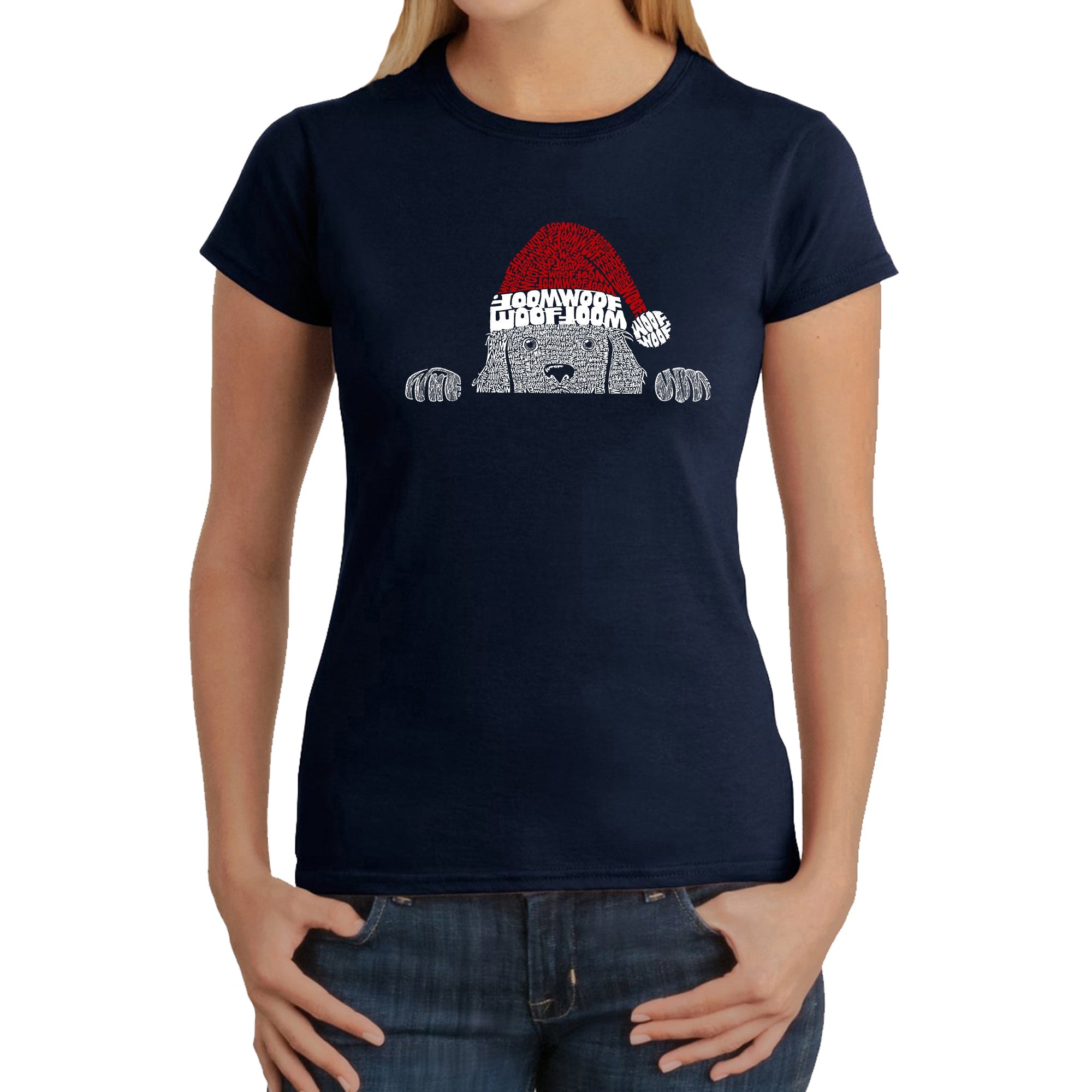 Christmas Peeking Dog - Women's Word Art T-Shirt - Navy - XS