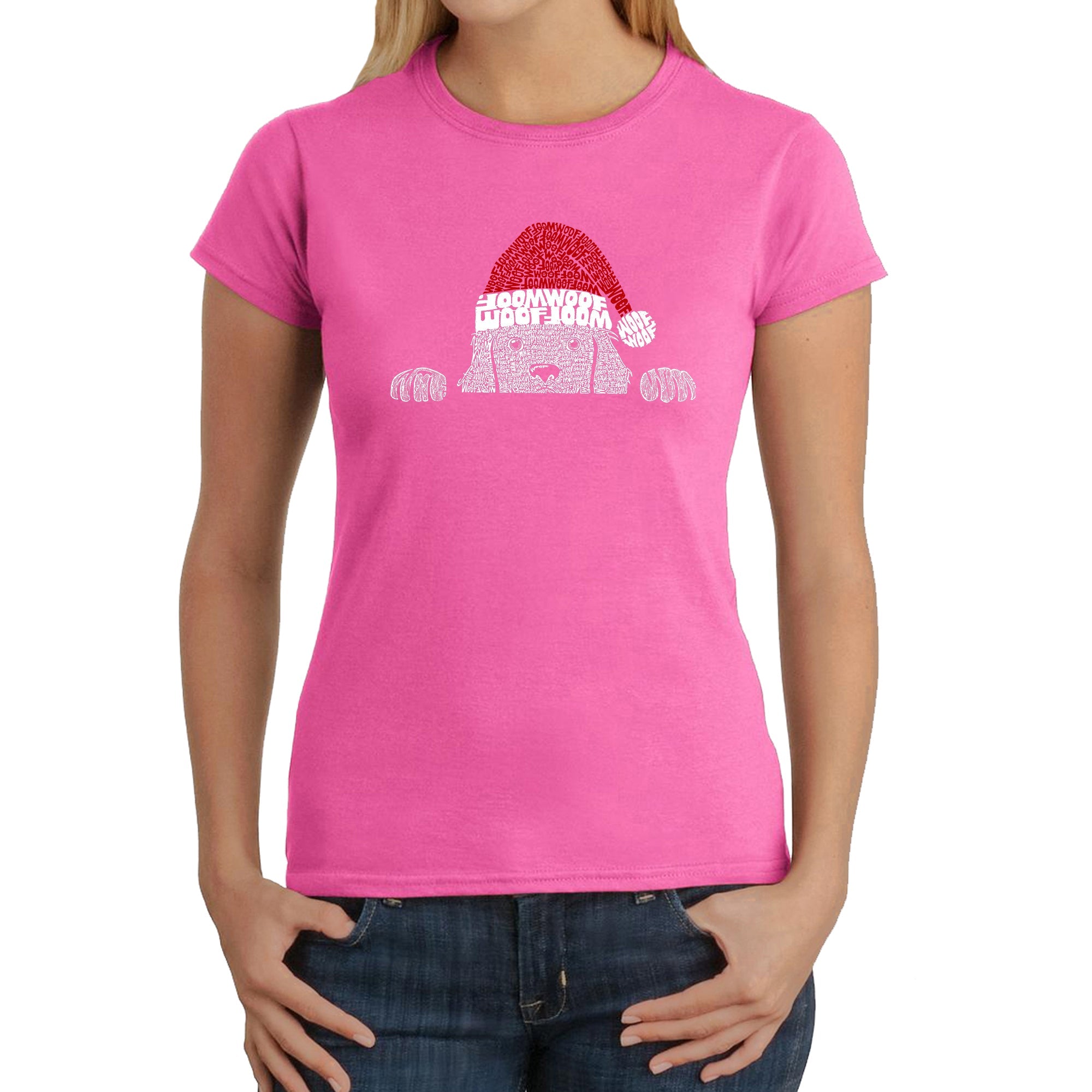 Christmas Peeking Dog - Women's Word Art T-Shirt - Pink - Large