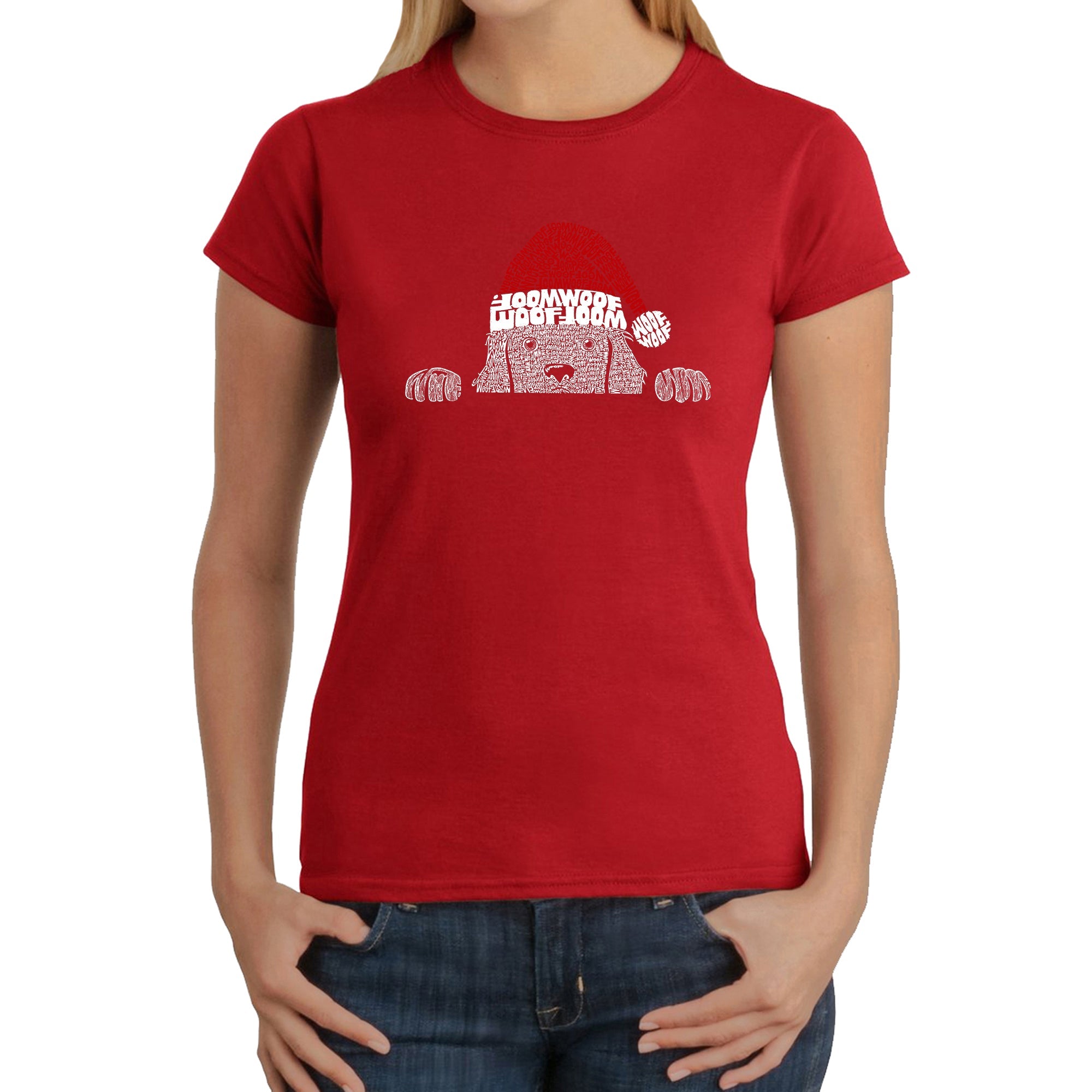 Christmas Peeking Dog - Women's Word Art T-Shirt - Red - Small