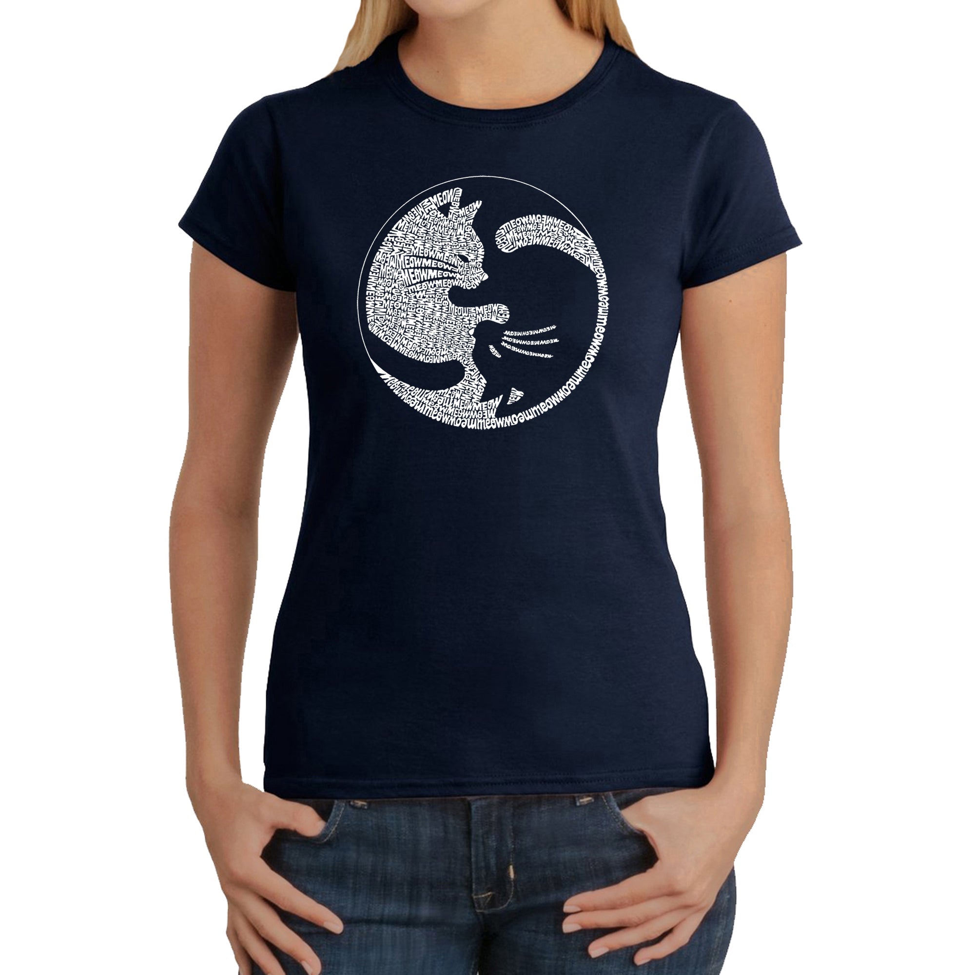 Yin Yang Cat - Women's Word Art T-Shirt - Navy - XS