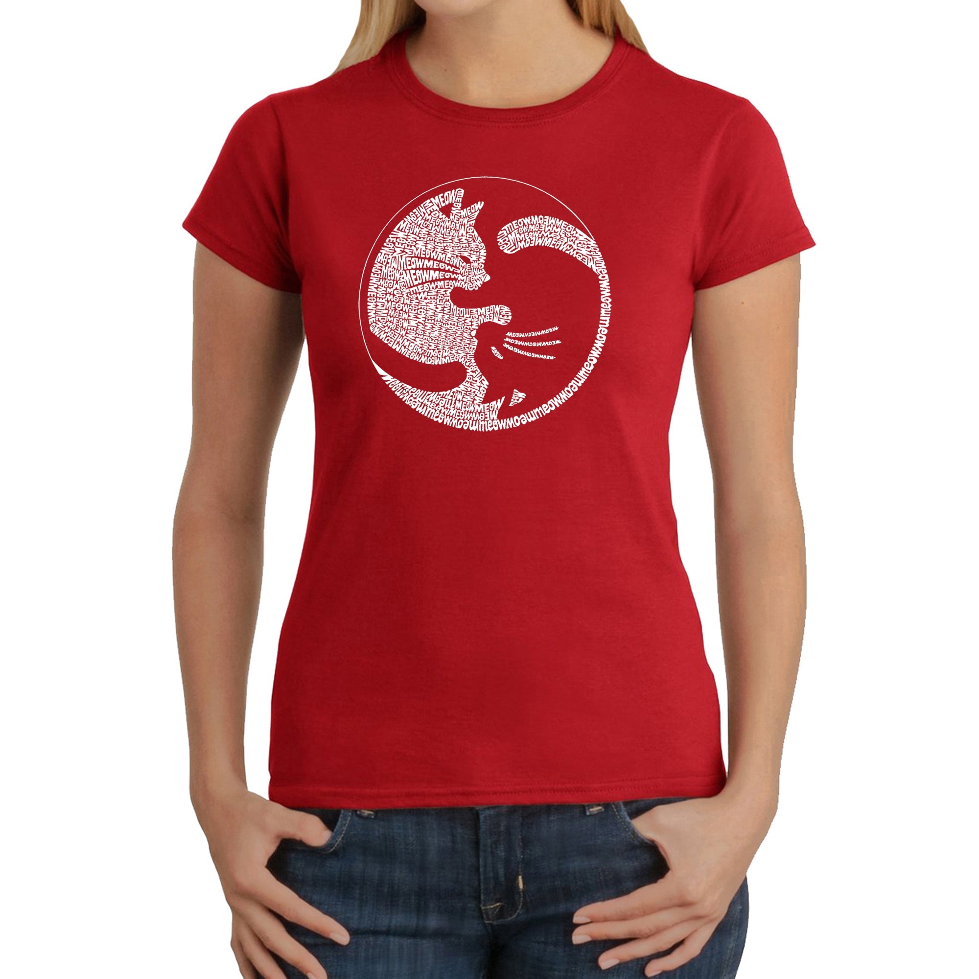 Yin Yang Cat - Women's Word Art T-Shirt - Red - Large