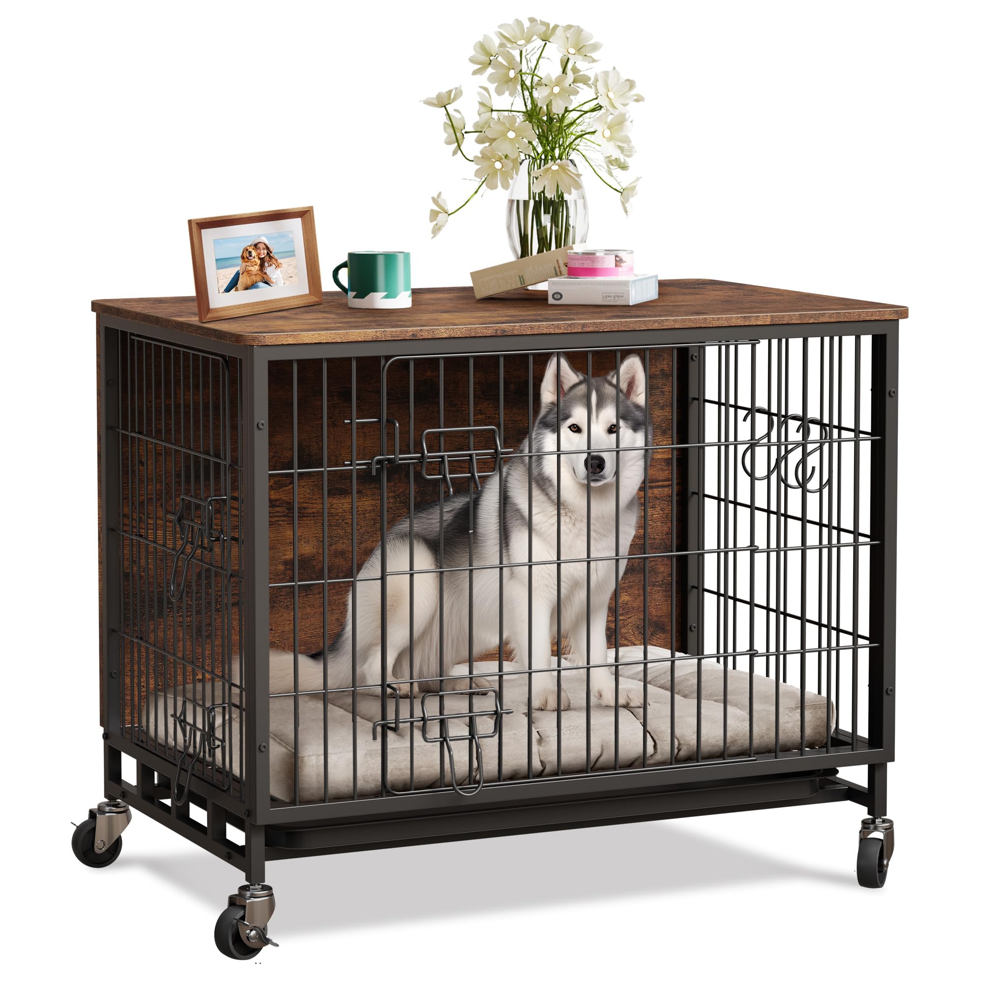Garvee Dog Crate Furniture, Compact 27.2" Small Dog Dual-Entry Kennel Meets Elegant End Table, Effortless Maintenance, Chew-Resistant, Easy Mobility f
