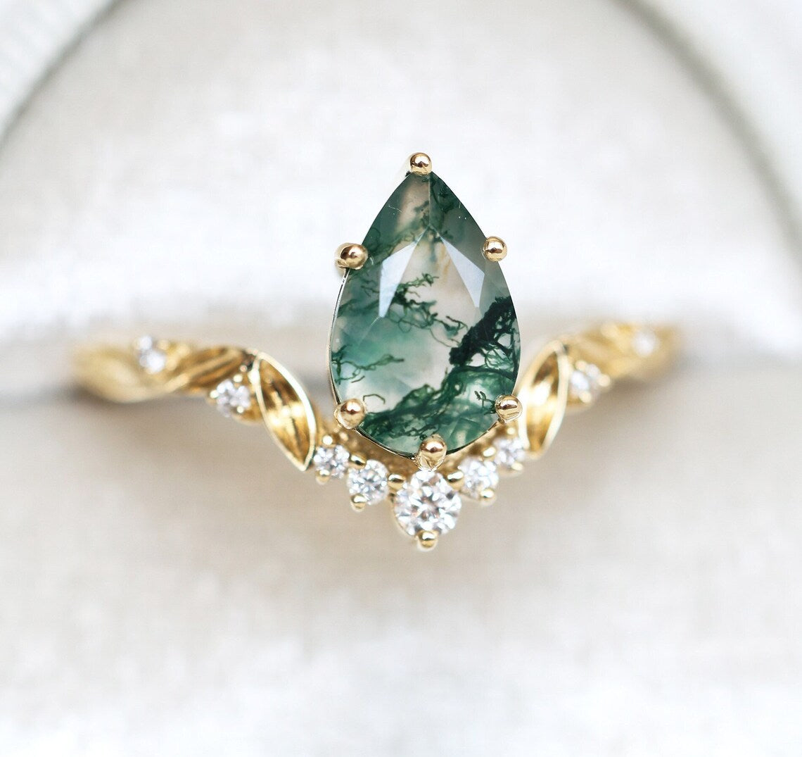 Leaf pear moss agate engagement ring with diamonds - platinum