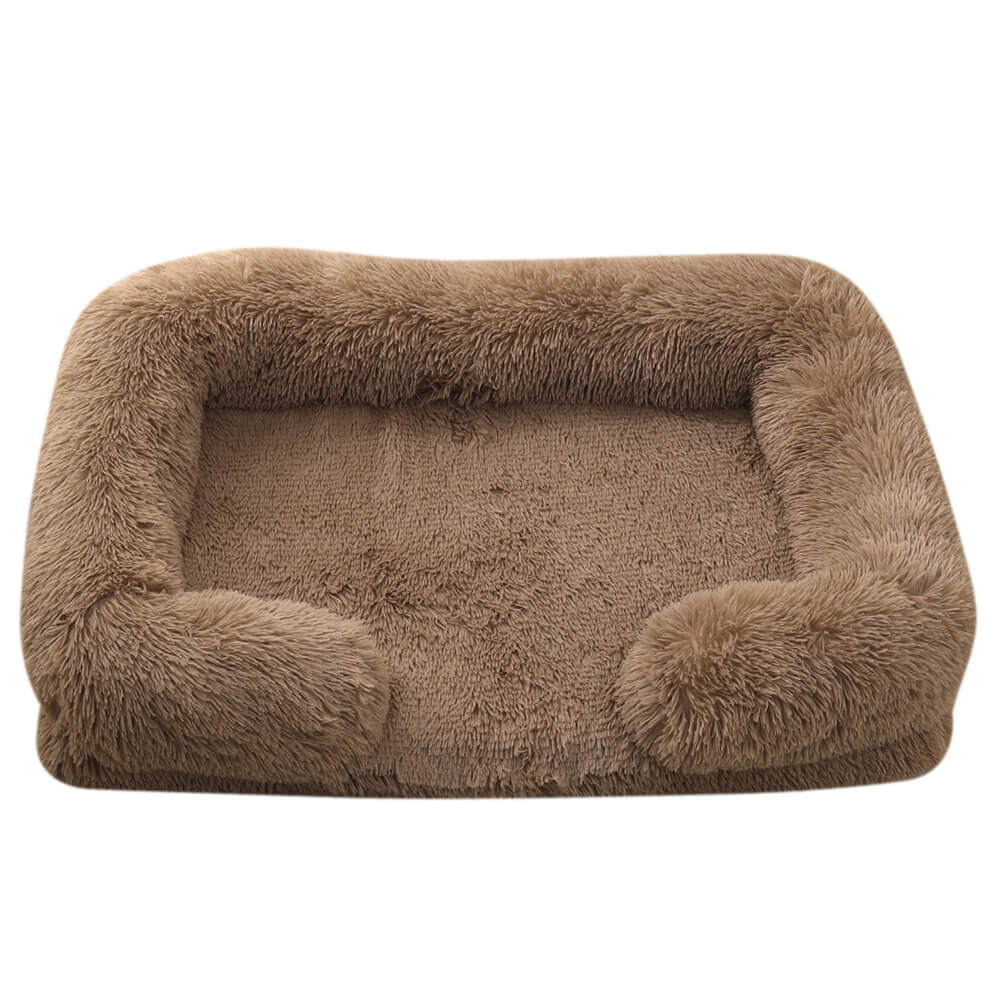 Long Plush - Square Surround Support Deep Sleep Dog Bed, Brown - S