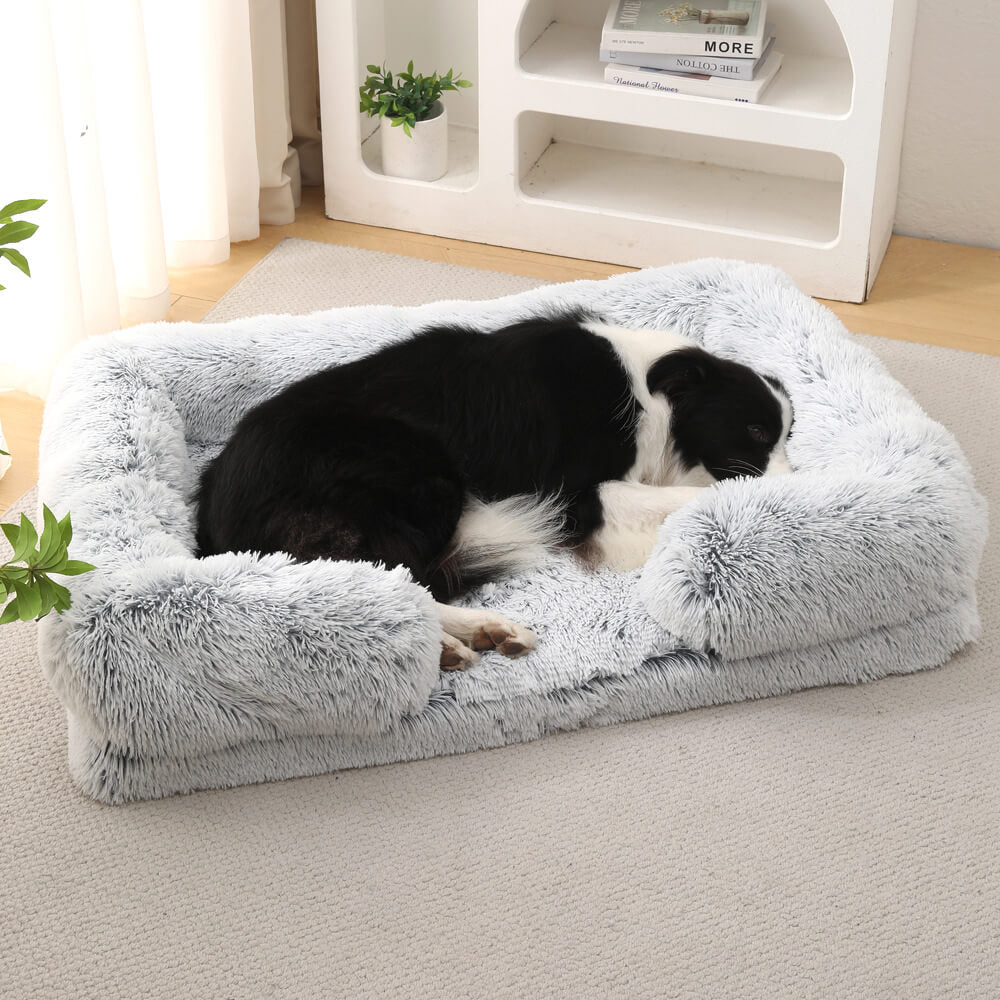 Long Plush - Square Surround Support Deep Sleep Dog Bed, Grey - M
