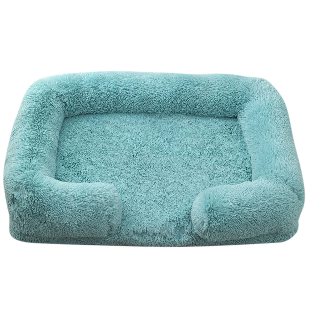 Long Plush - Square Surround Support Deep Sleep Dog Bed, Blue - S