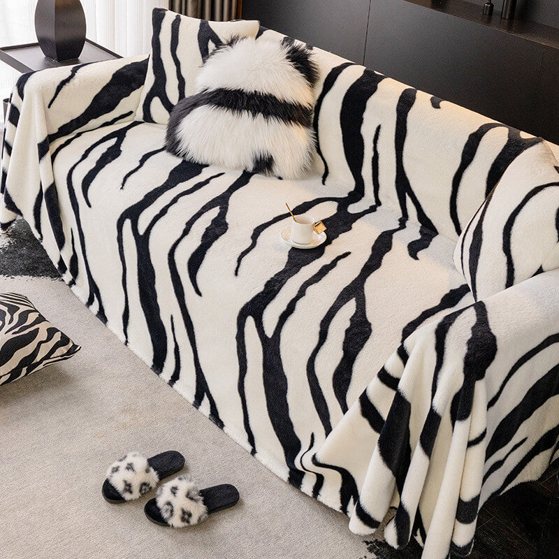 Luxurious Zebra-Print Fluffy Plush Sofa Protector Stylish Couch Cover, White - Pillowcase(1 Pc)
