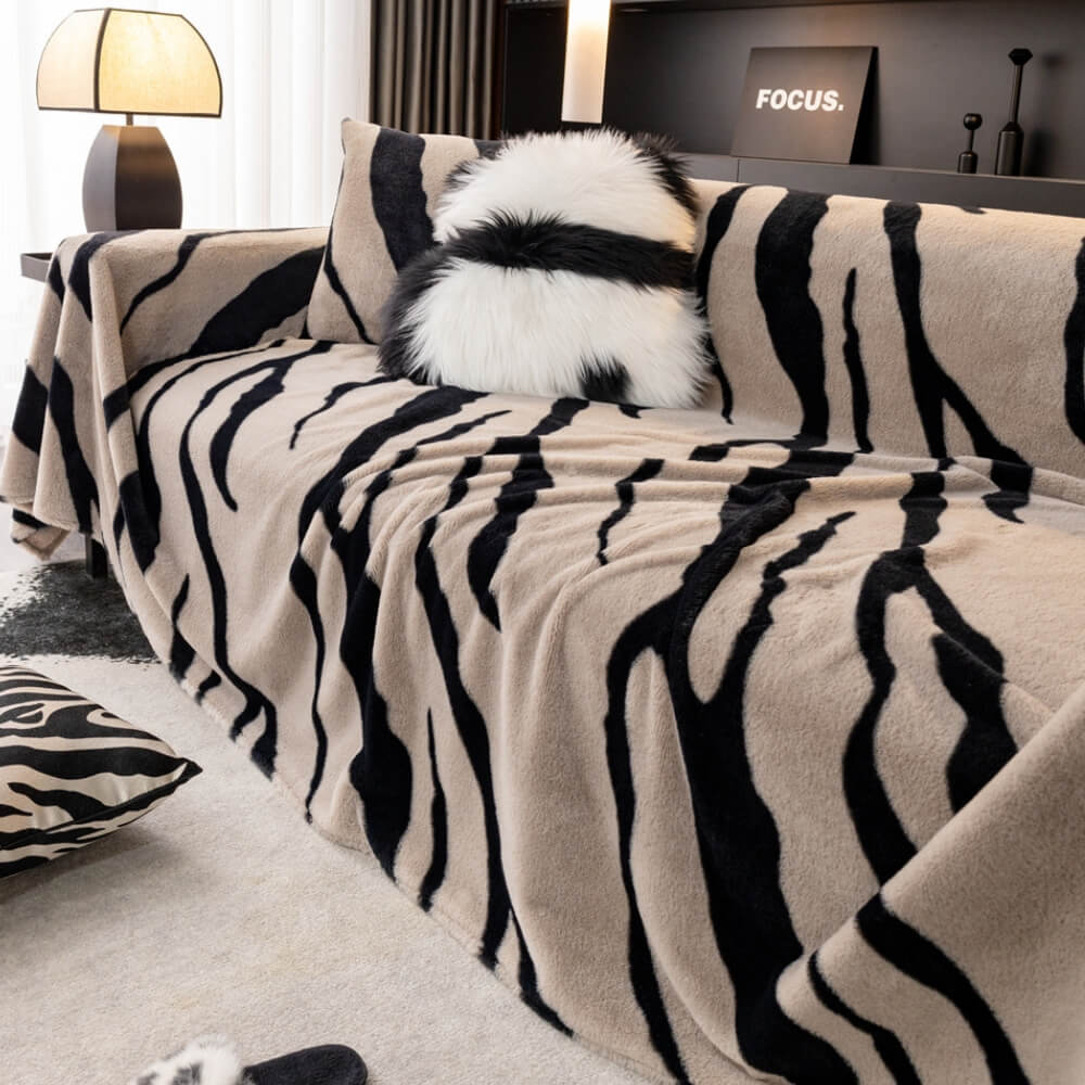 Luxurious Zebra-Print Fluffy Plush Sofa Protector Stylish Couch Cover, Grey - Pillowcase(1 Pc)