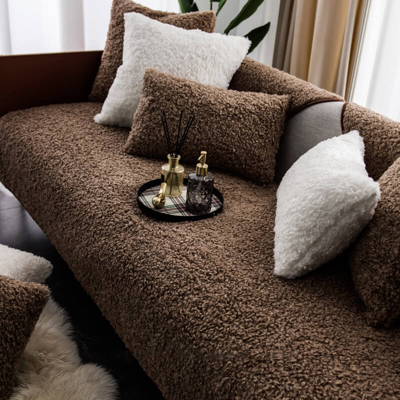 Luxury Warm Fleece Furniture Protective Mat Non-Slip Couch Cover, Brown - Three Seat Set(6 pcs)