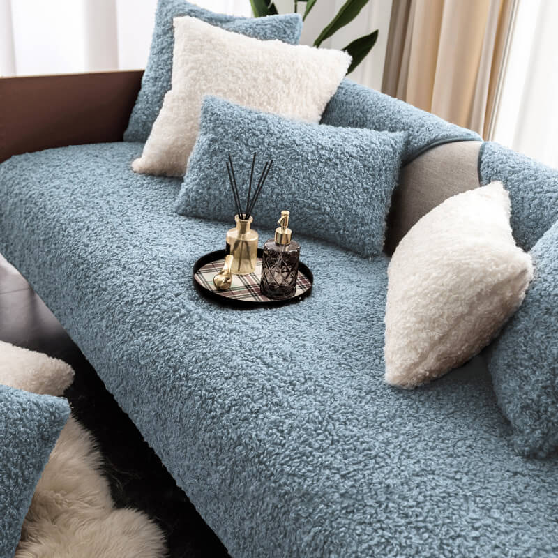Luxury Warm Fleece Furniture Protective Mat Non-Slip Couch Cover, Blue - Two Seat Set(5 pcs)